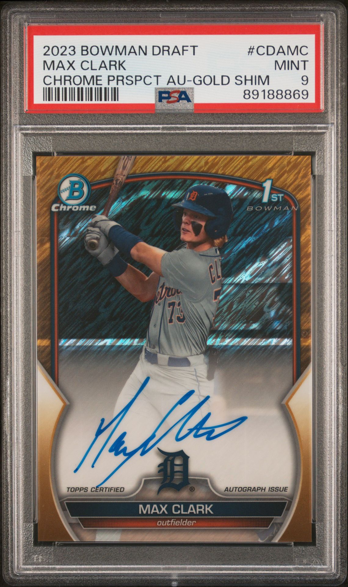 2023 Bowman BOWMAN DRAFT CHROME PROSPECT AUTOGRAPH CHROME PRSPCT AU-GOLD SHIM #CDAMC Max Clark front