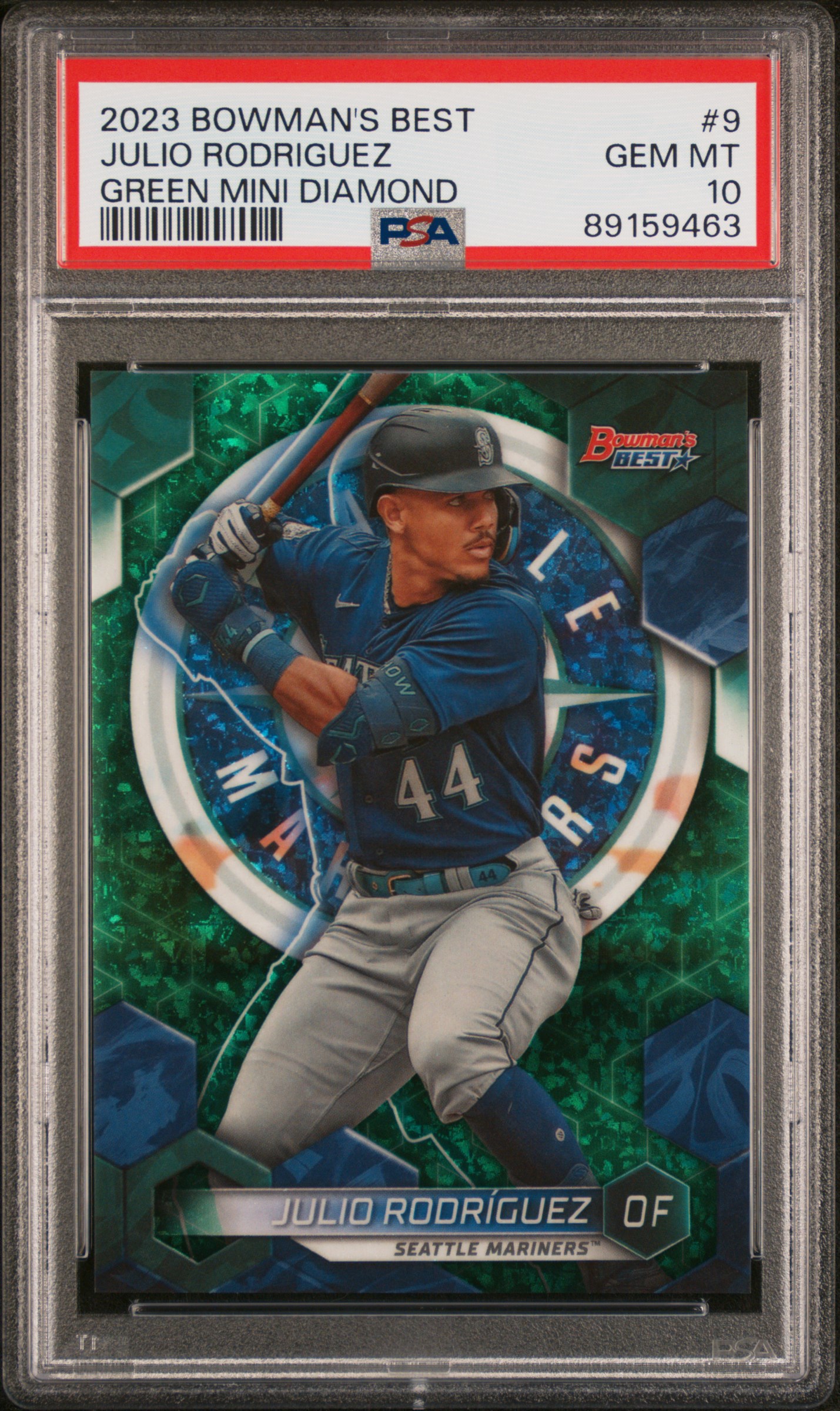 2023 Bowman's Best Green Mini Diamond #9 Julio Rodriguez (#75/99) – PSA GEM MT 10