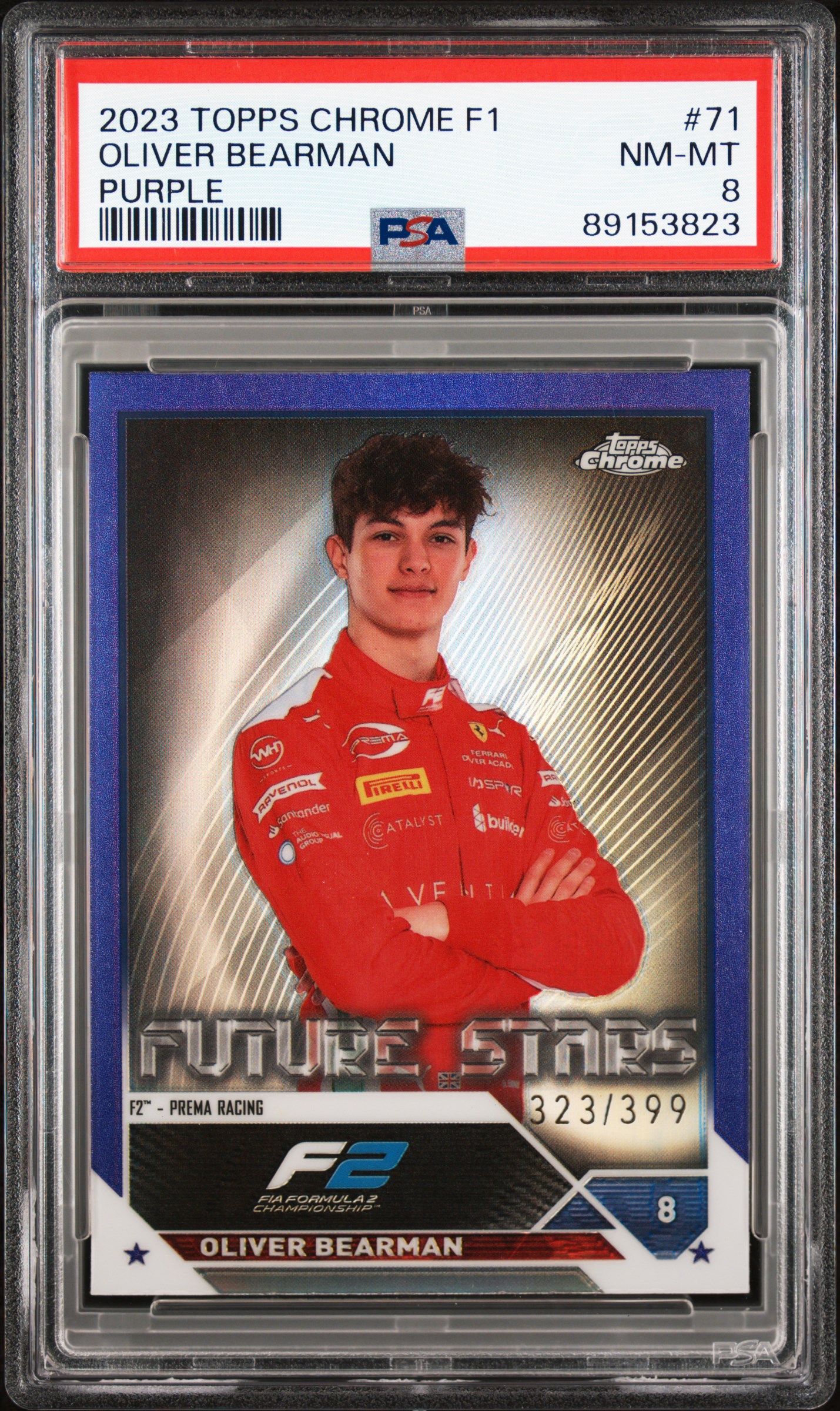 2023 Topps Chrome Formula 1 Purple #71 Oliver Bearman Rookie Card (#323/399) – PSA NM-MT 8