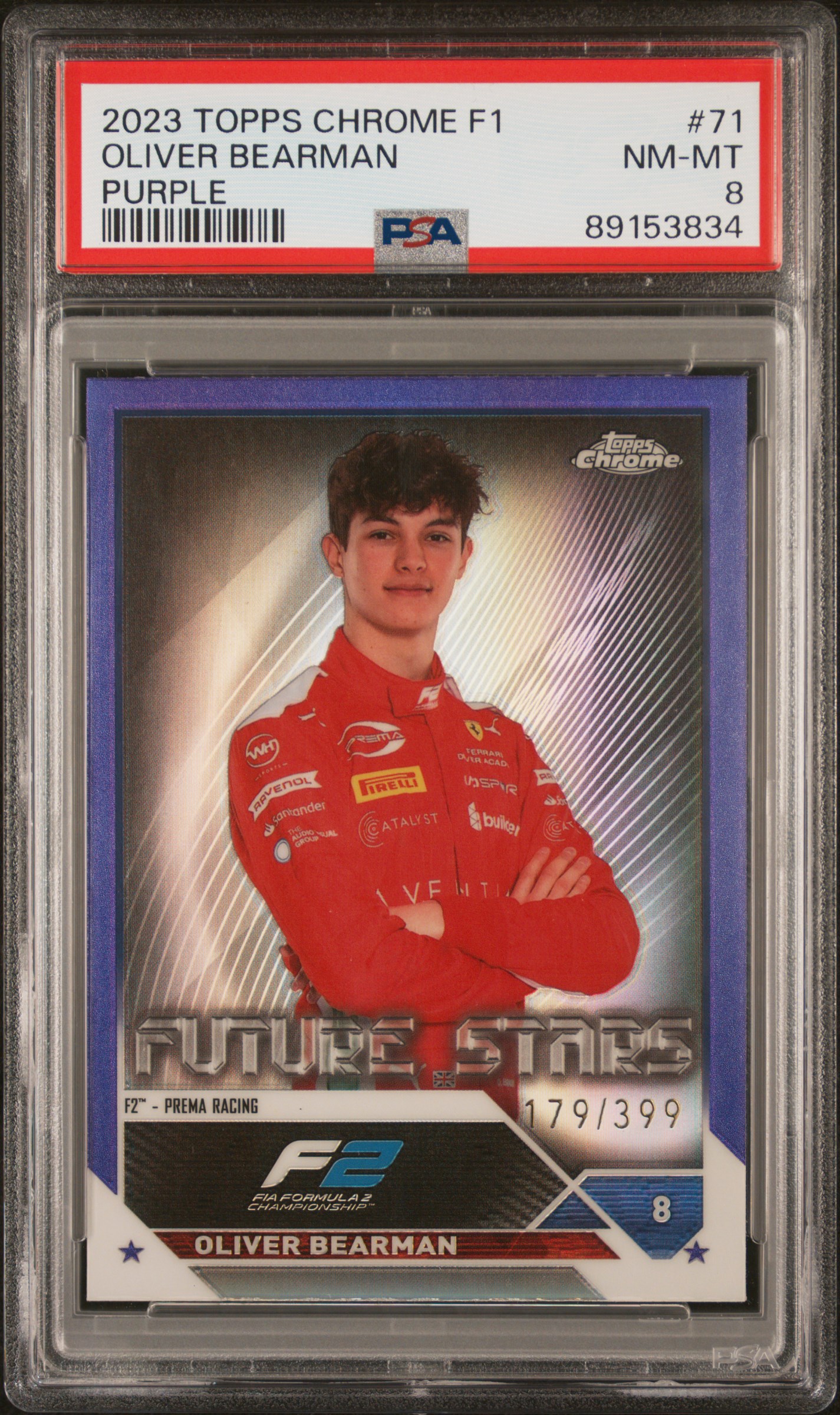 2023 Topps Chrome Formula 1 Purple #71 Oliver Bearman Rookie Card (#179/399) – PSA NM-MT 8