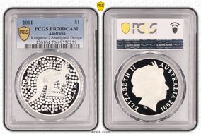 2001 $1 Kangaroo Ag-Aboriginal Design PR70DCAM