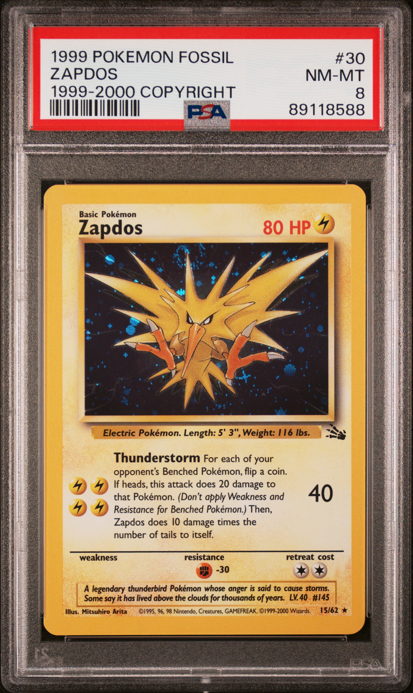 1999 Pokemon Fossil 1999-2000 Copyright #30 Zapdos – PSA NM-MT 8