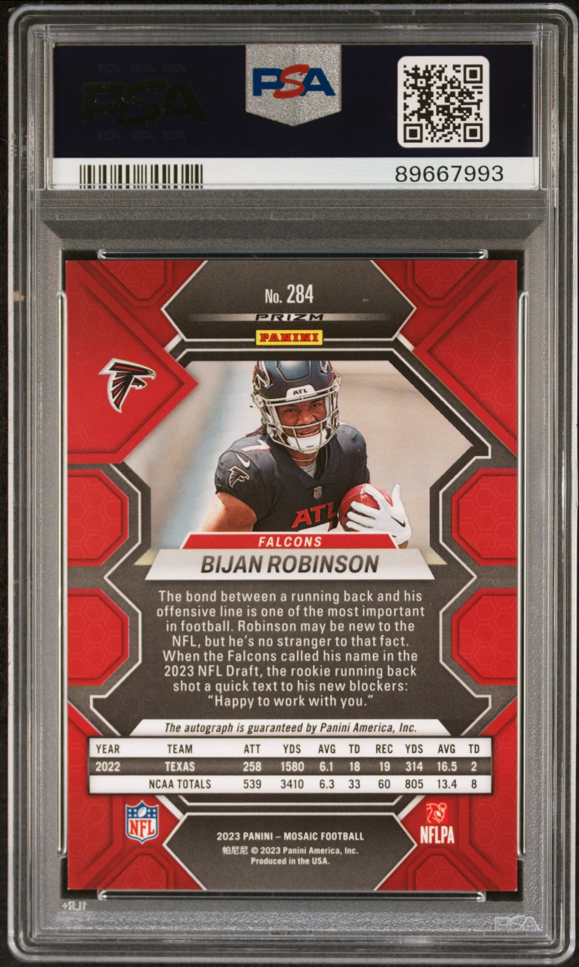 2023 Panini Mosaic Bijan Robinson #284 (Auto-No Huddle Blue) Mint 9 back