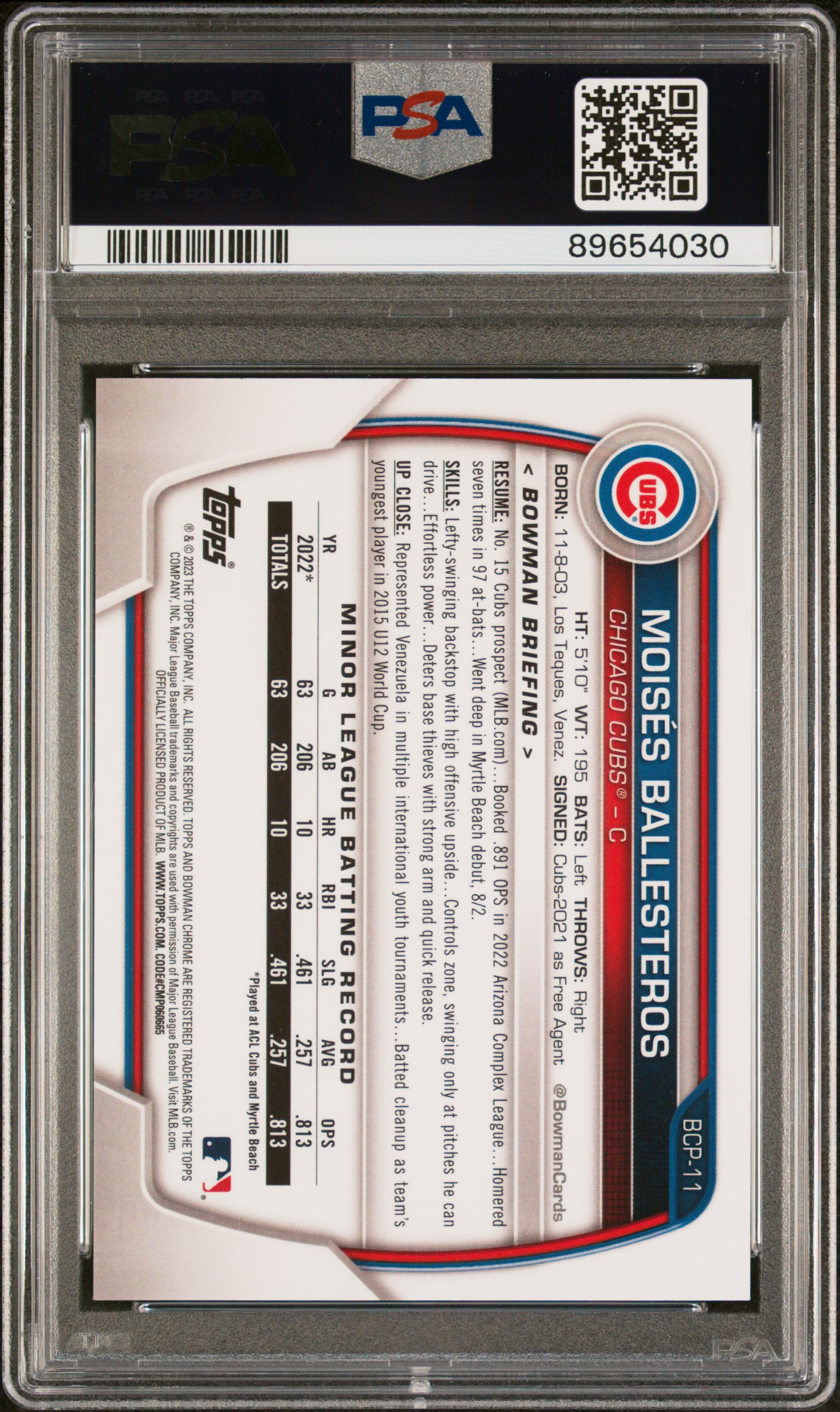 2023 Bowman Chrome Prospects Moises Ballesteros #Bcp11 (Chrome Pros-Orange Ref) Gem Mt 10 back