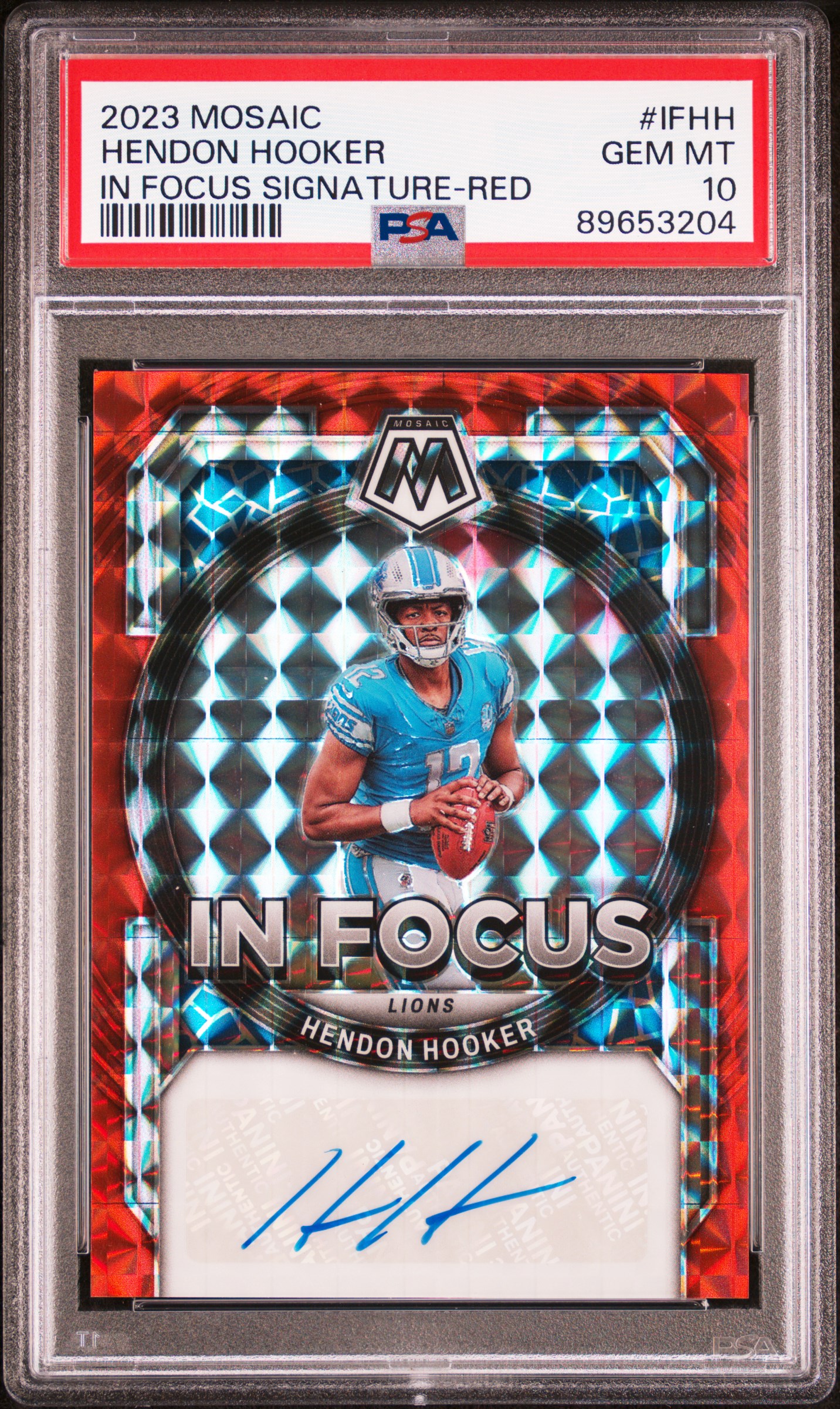 2023 Panini Mosaic In Focus Signature Red #IFHH Hendon Hooker Signed Rookie Card (#104/199) – PSA GEM MT 10