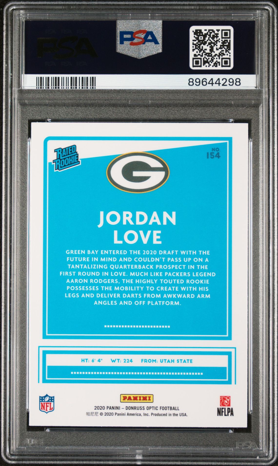 2020 Panini Donruss Optic Jordan Love #154 Gem Mt 10 back