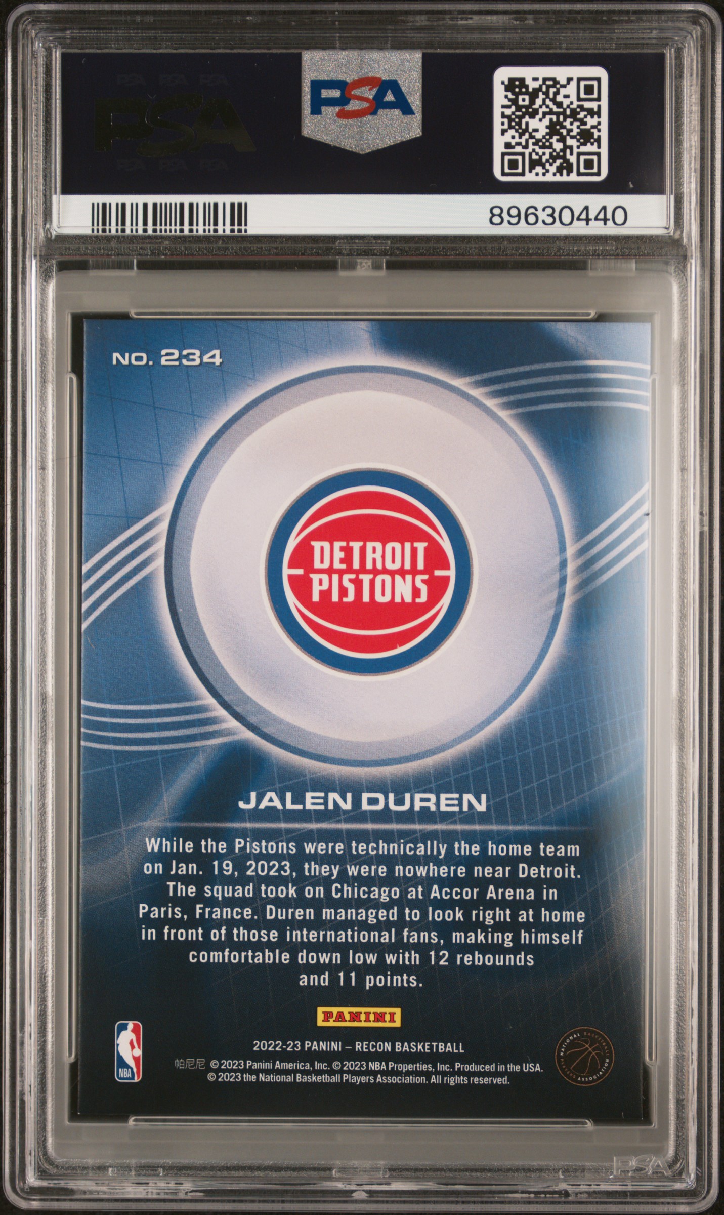 2022 Panini Recon Jalen Duren #234 (Holo Orange Fotl) Mint 9 back