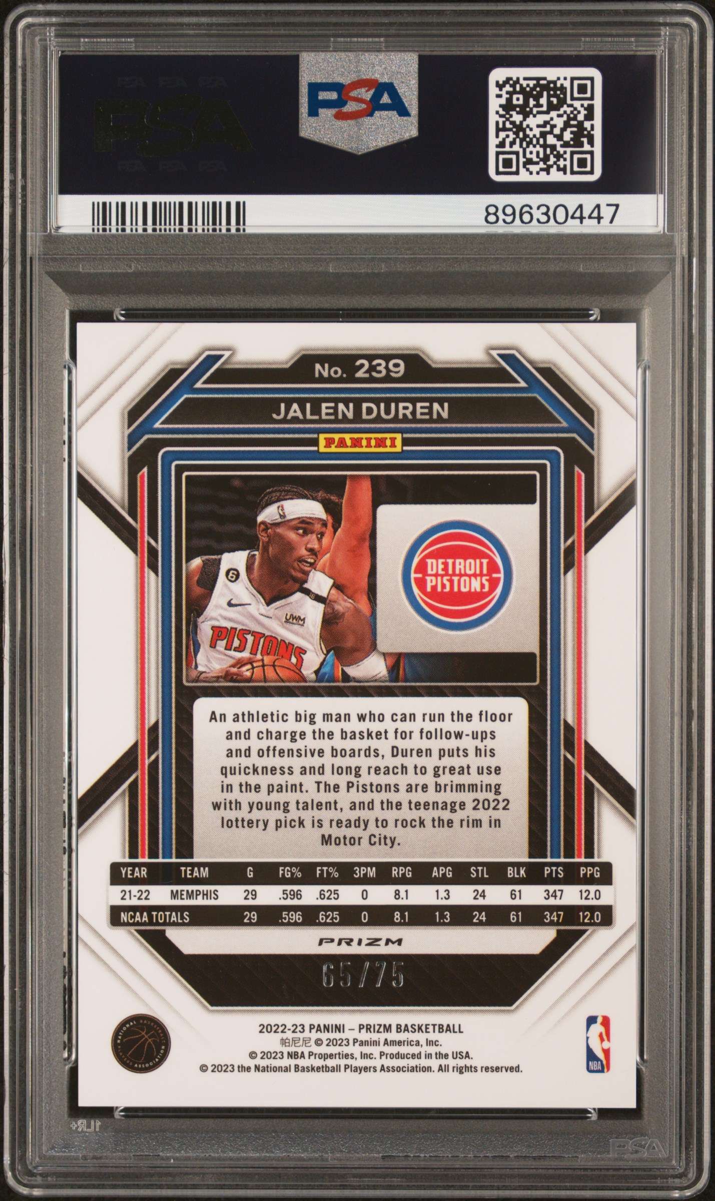 2022 Panini Prizm Jalen Duren #239 (Purple Fast Break) Gem Mt 10 back