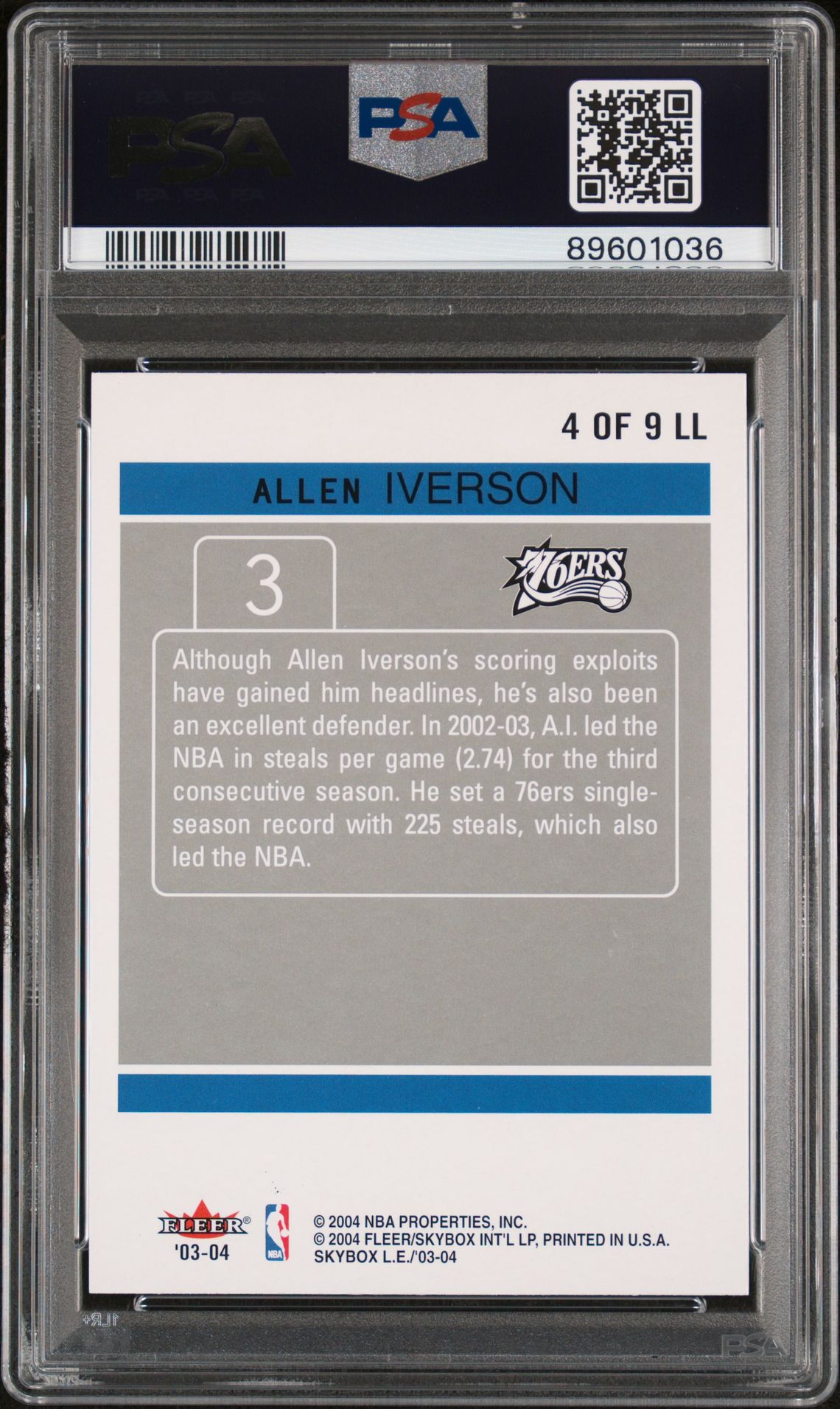 2003 Skybox L.e. League Leaders Allen Iverson #4 (League Leaders) Gem Mt 10 back