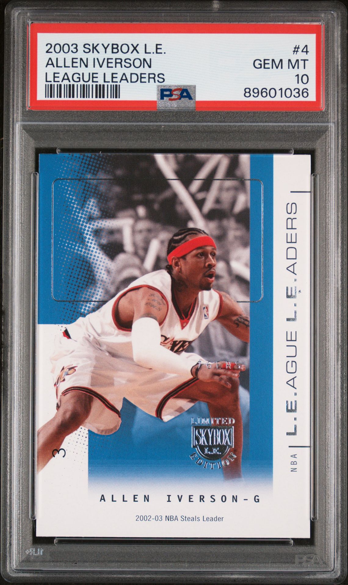2003 Skybox L.e. League Leaders Allen Iverson #4 (League Leaders) Gem Mt 10 front
