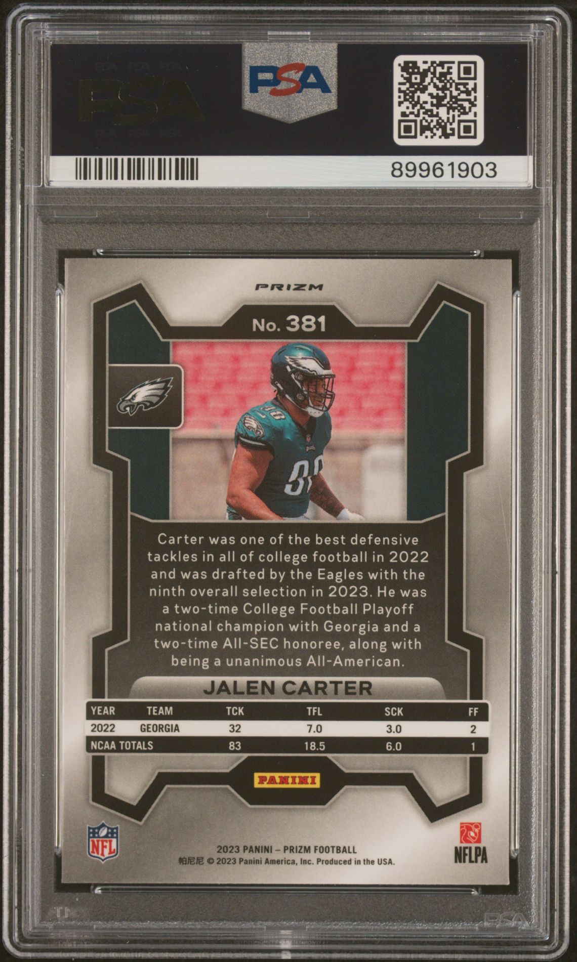 2023 Panini Prizm Jalen Carter #381 (Black & White Checker) Mint 9 back