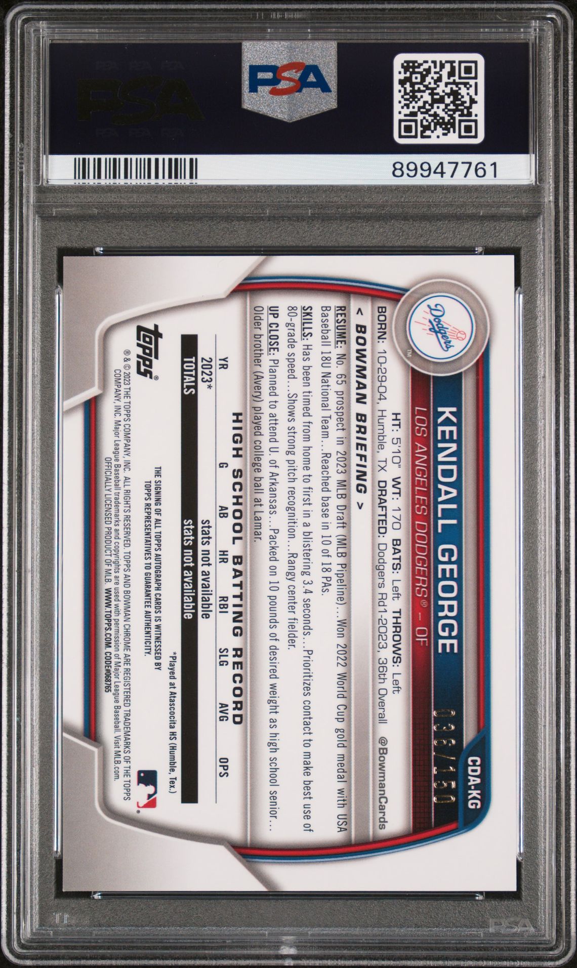2023 Bowman Draft Chrome Prospect Autograph Kendall George #Cdakg (Chrome Prspct Au-Hta Choice) Gem Mt 10 back