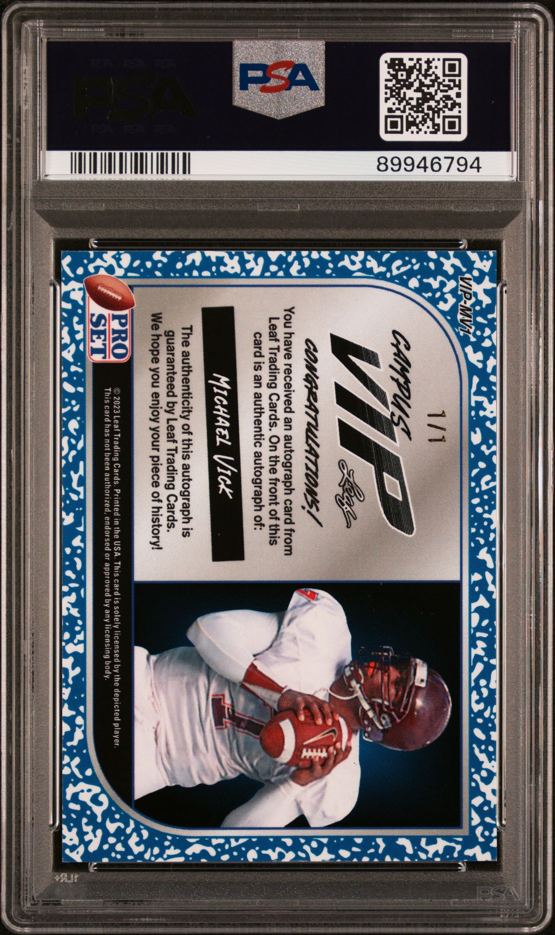 2023 Leaf Pro Set Metal Campus Vip Autographs Michael Vick #Vipmv1 (Campus Vip Au-Land Crys 1/1) Mint 9 back