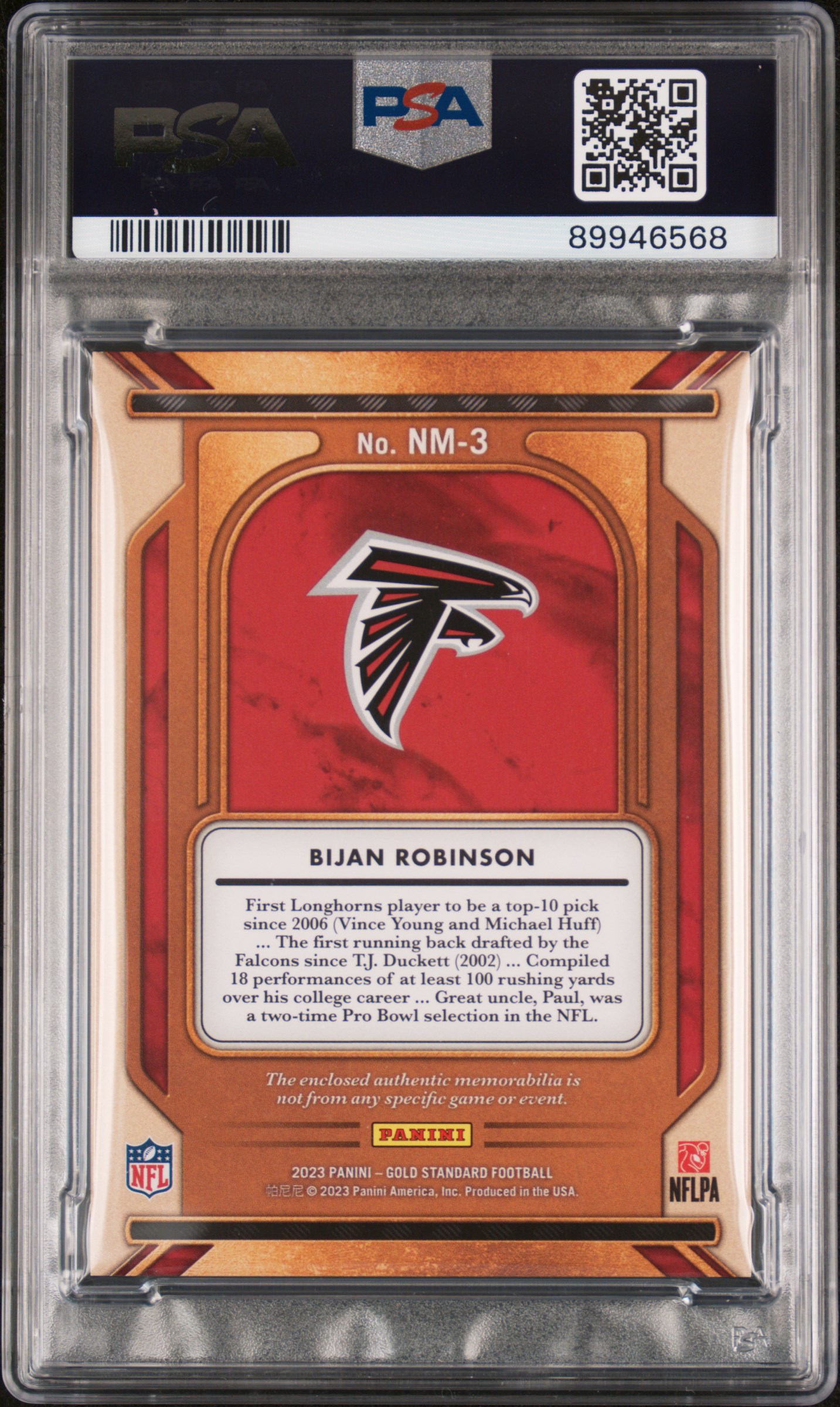 2023 Panini Gold Standard Newly Minted Memorabilia Bijan Robinson #Nm3 (Newly Minted Mem-Rose Gold) Mint 9 back