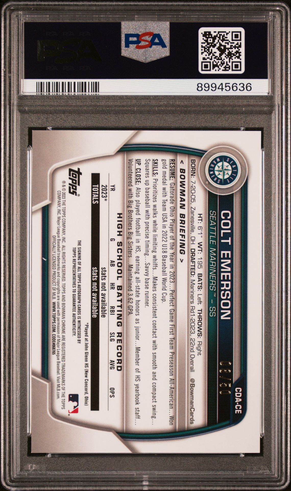 2023 Bowman Draft Chrome Prospect Autograph Colt Emerson #Cdace (Chrome Prspct Au-Gold Shim) Gem Mt 10 back