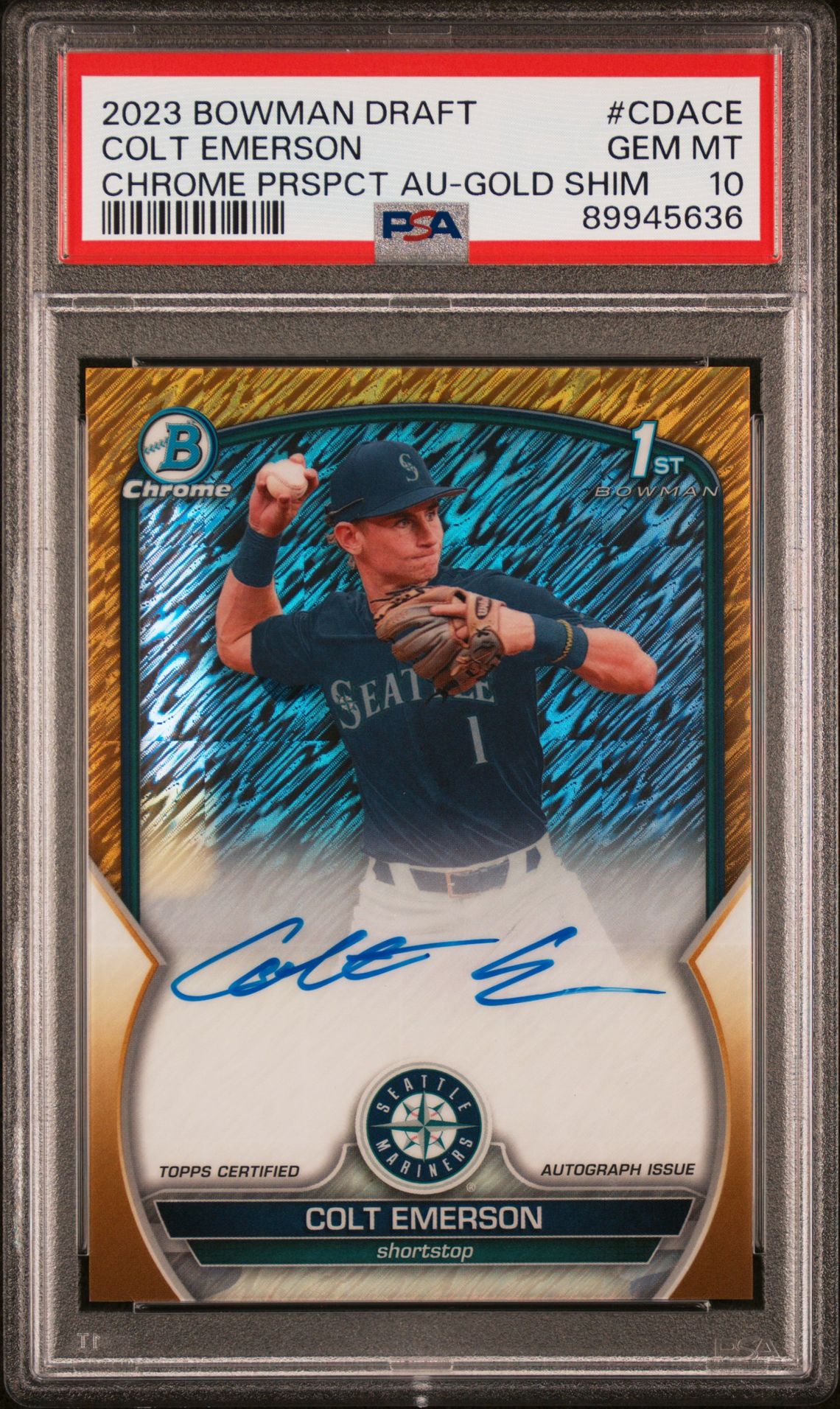 2023 Bowman Draft Chrome Prospect Autograph Colt Emerson #Cdace (Chrome Prspct Au-Gold Shim) Gem Mt 10 front