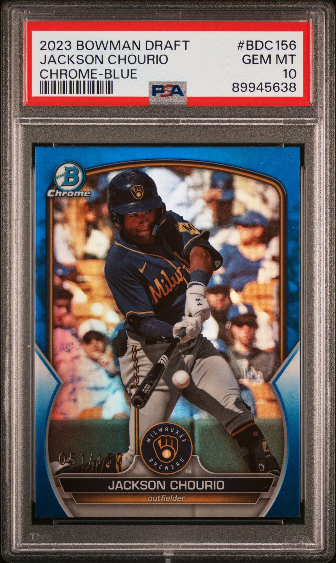 2023 BOWMAN DRAFT JACKSON CHOURIO CHROME-BLUE REFRACTOR BDC156 GEM MT 10 front