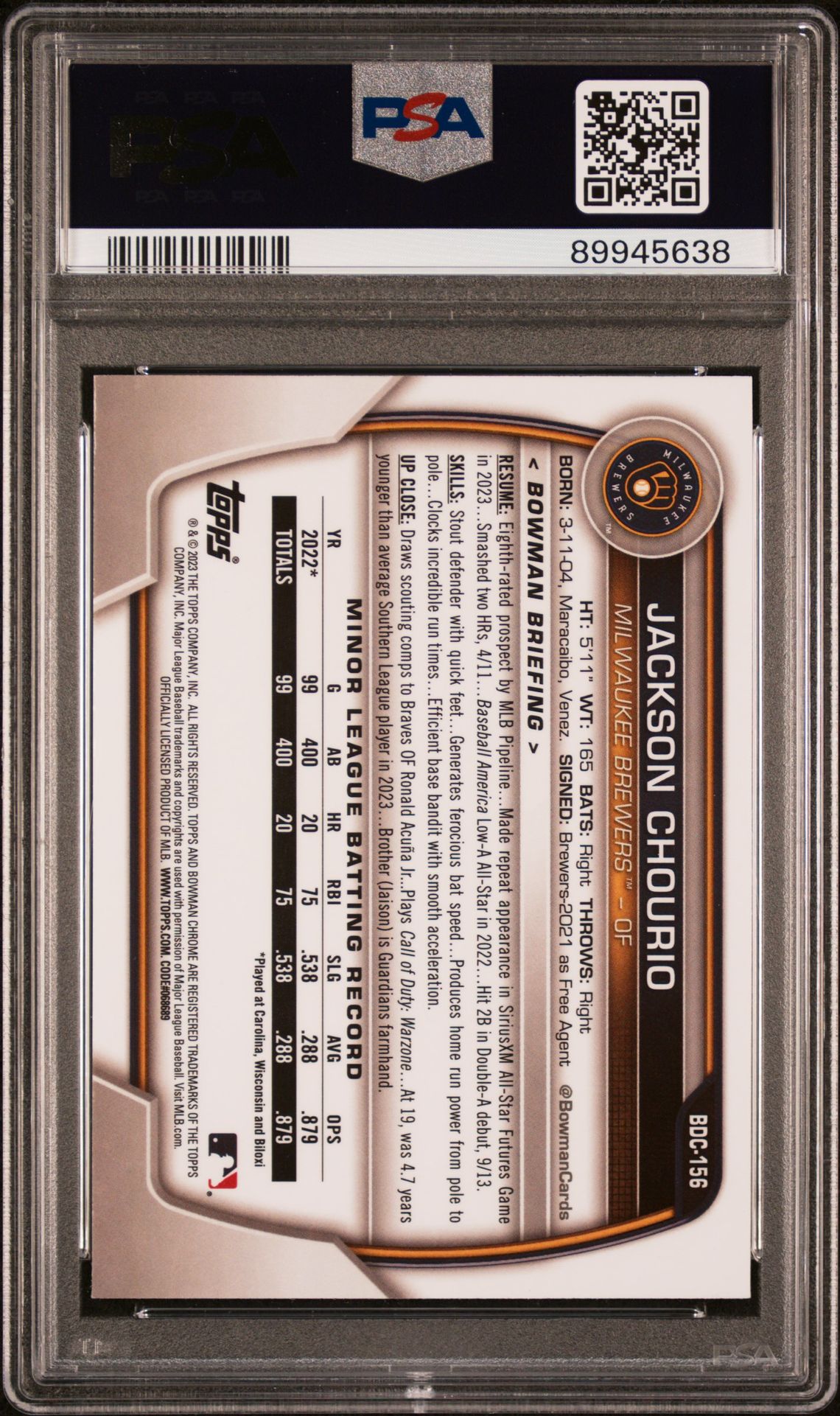 2023 BOWMAN DRAFT JACKSON CHOURIO CHROME-BLUE REFRACTOR BDC156 GEM MT 10 back