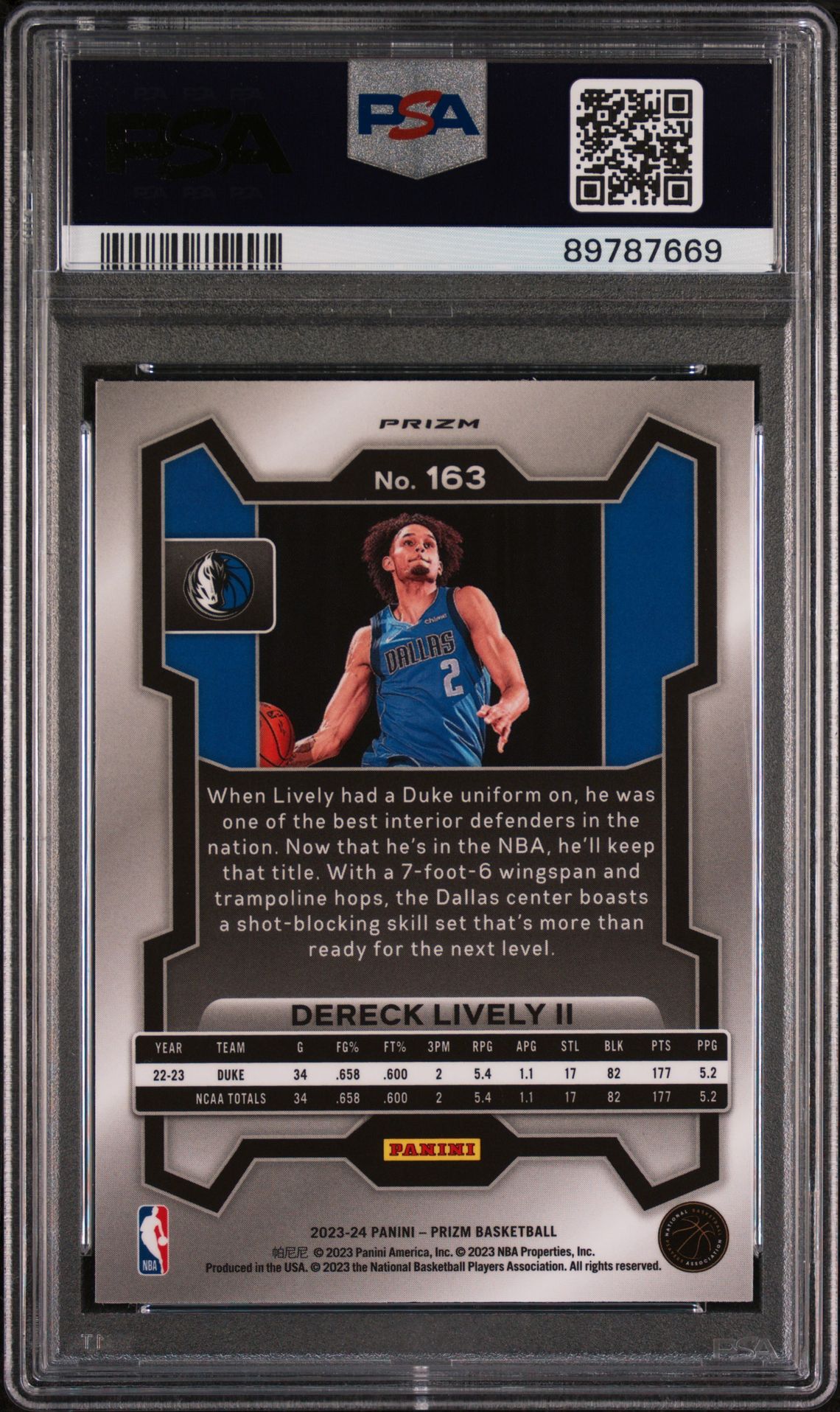 2023 Panini Prizm Dereck Lively Ii #163 (Ice) Gem Mt 10 back