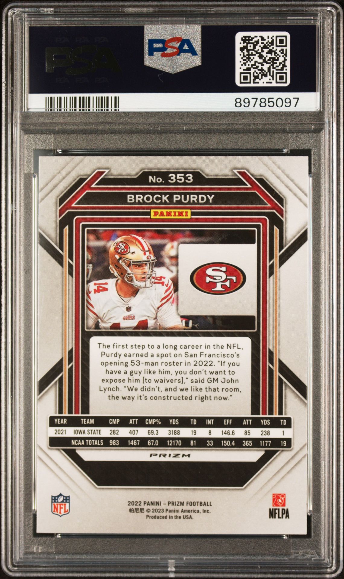 2022 Panini Prizm Brock Purdy #353 (Silver Prizm) Gem Mt 10 back