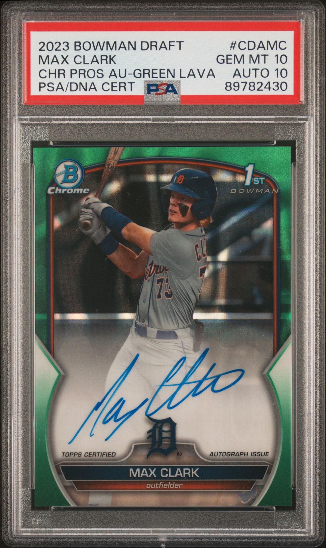 2023 Bowman BOWMAN DRAFT CHROME PROSPECT AUTOGRAPH CHR PROS AU-GREEN LAVA #CDAMC Max Clark front
