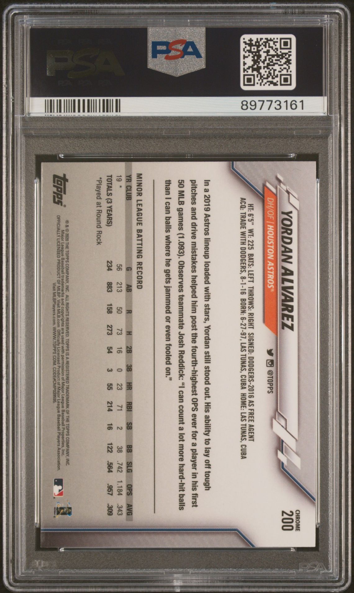 2020 Topps Chrome Yordan Alvarez #200 (Prism Refractor) Gem Mt 10 back view - PSA certificate #89773161