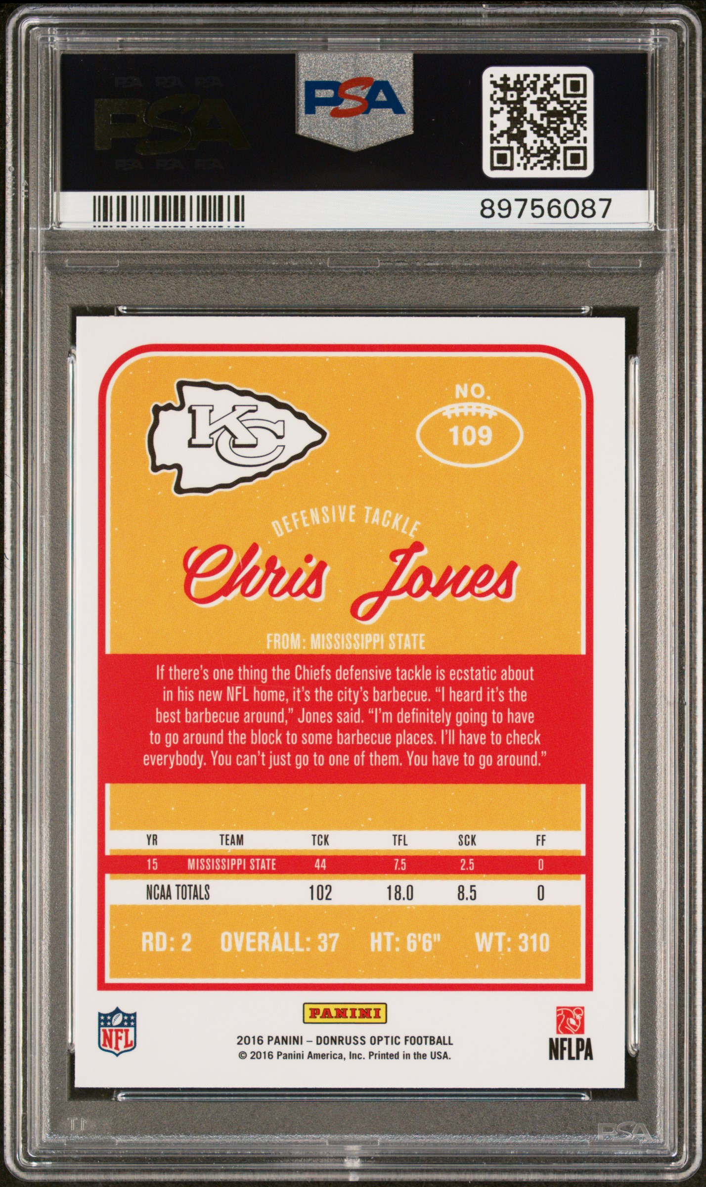 2016 Panini Donruss Optic Chris Jones #109 Gem Mt 10 back