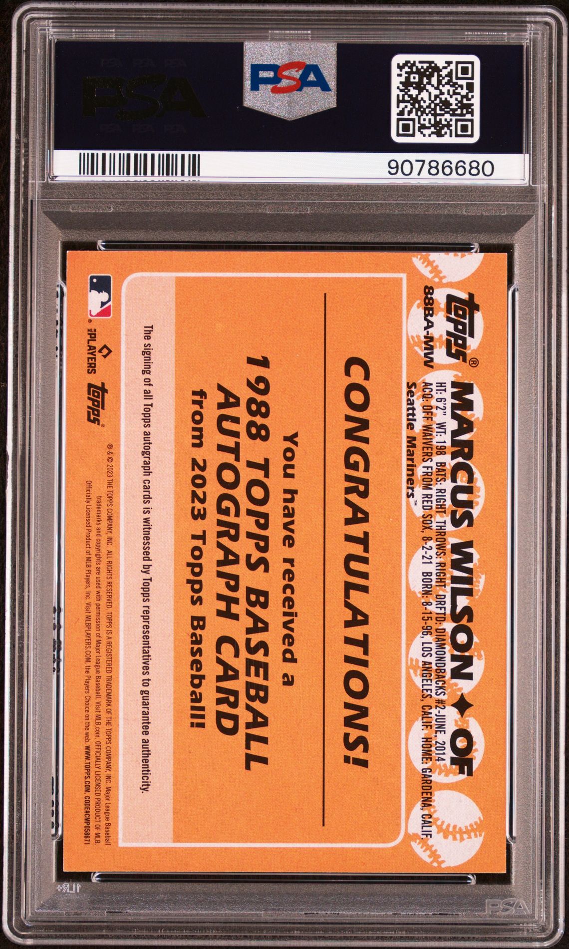 2023 Topps 1988 Topps Baseball Autographs Marcus Wilson #88Bamw (1988 Topps Baseball Auto) Mint 9 back