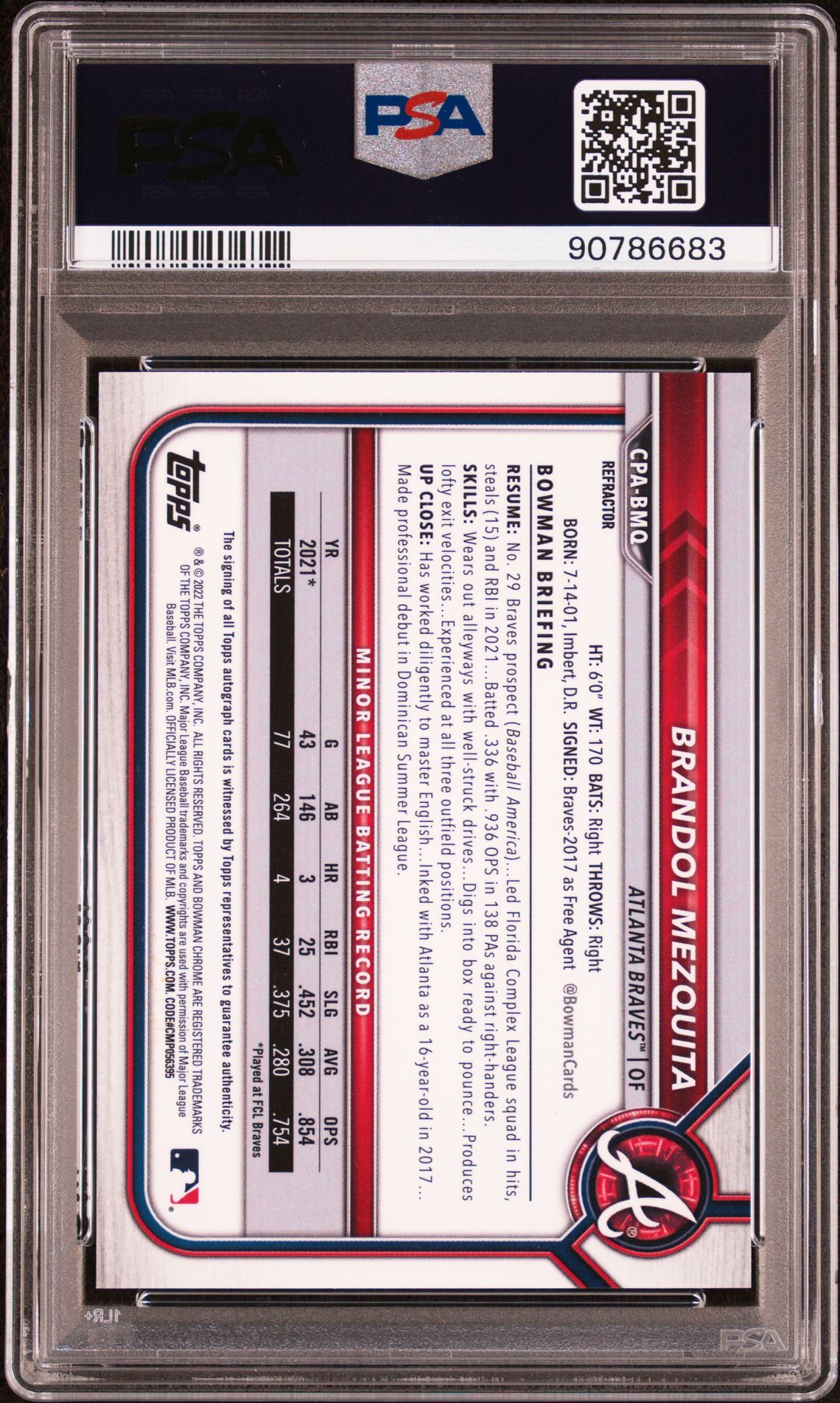 2022 Bowman Chrome Prospect Autographs Brandol Mezquita #Cpabmq (Pros.auto-Refractor) Gem Mt 10 back