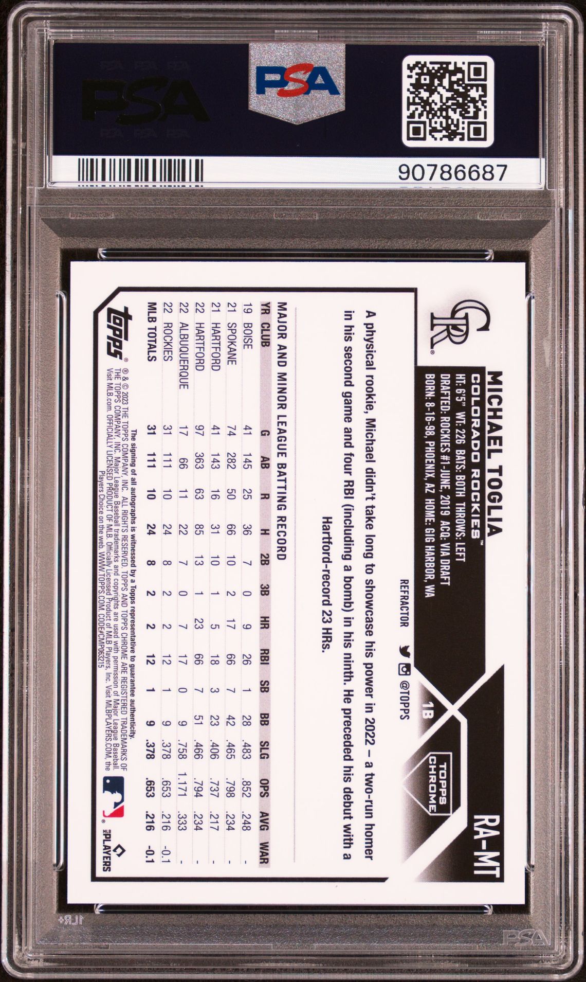 2023 Topps Chrome Rookie Autograph Michael Toglia #Ramt (Rookie Autograph-Refractor) Gem Mt 10 back