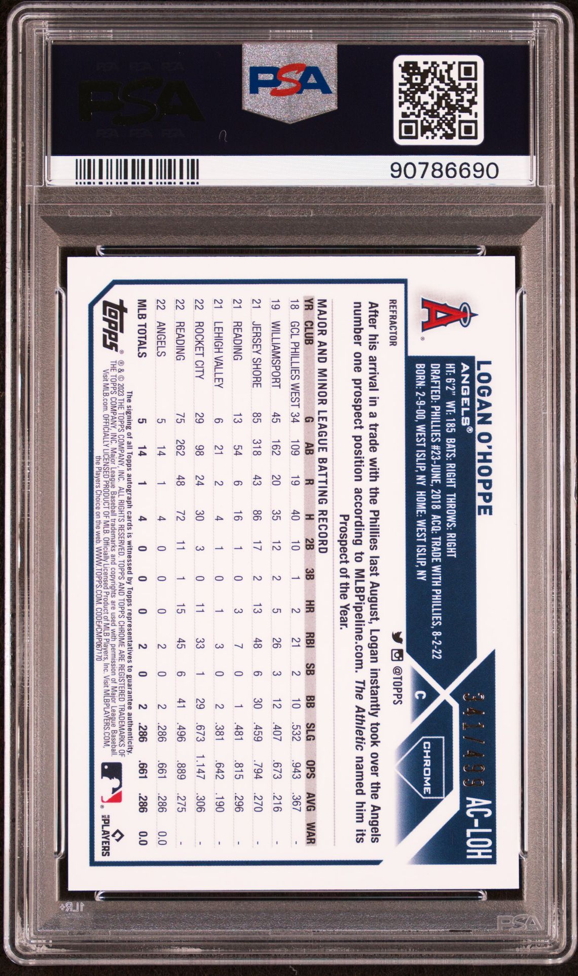 2023 Topps Chrome Update Autograph Logan O'hoppe #Acloh (Autograph-Refractor) Mint 9 back