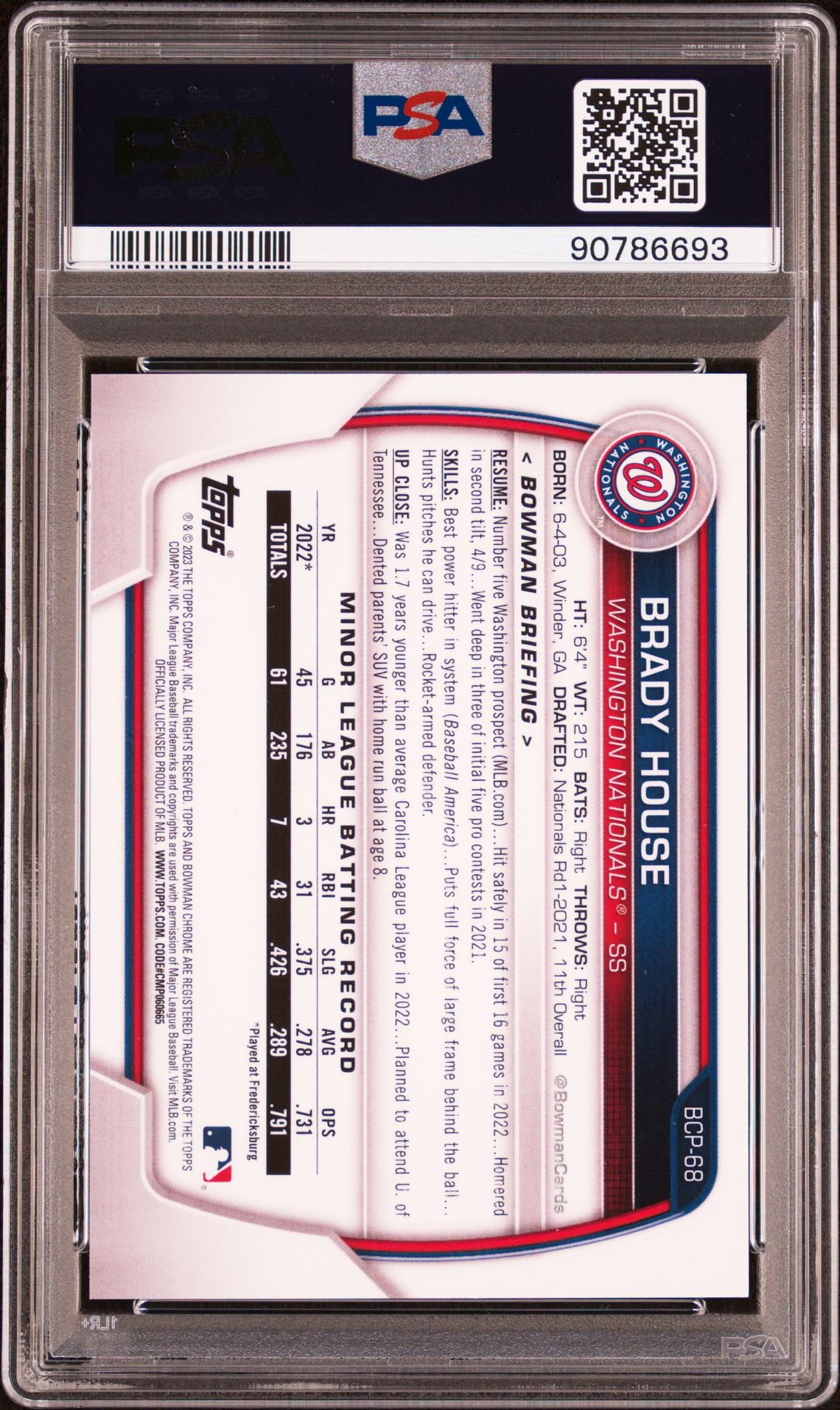 2023 Bowman Chrome Prospects Brady House #Bcp68 (Chrome Pros-Gold Shimmer) Gem Mt 10 back