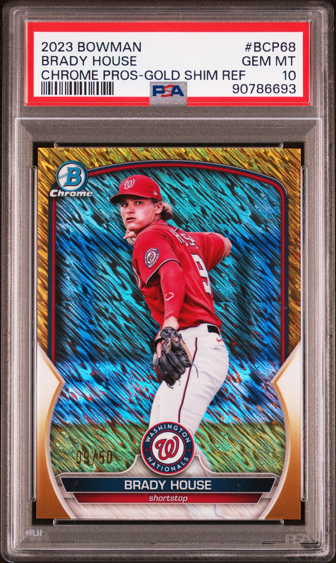 2023 Bowman Chrome Prospects Brady House #Bcp68 (Chrome Pros-Gold Shimmer) Gem Mt 10 front