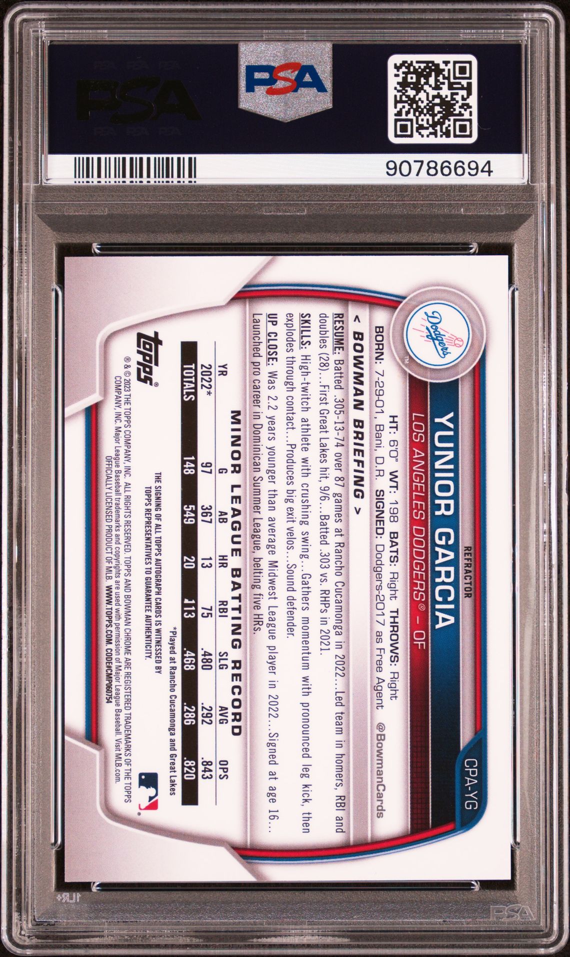 2023 Bowman Chrome Prospect Autographs Yunior Garcia #Cpayg (Chr Pros Auto-Refractor) Gem Mt 10 back