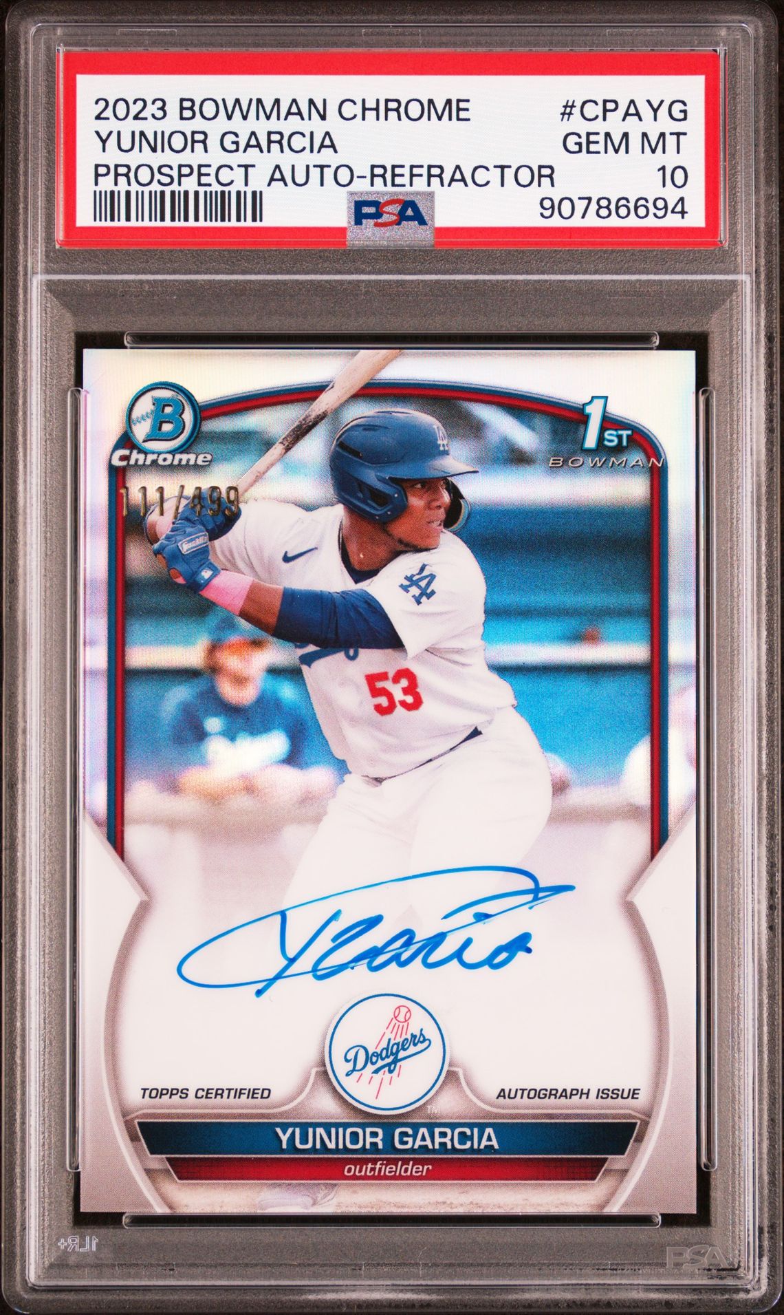 2023 Bowman Chrome Prospect Autographs Yunior Garcia #Cpayg (Chr Pros Auto-Refractor) Gem Mt 10 front