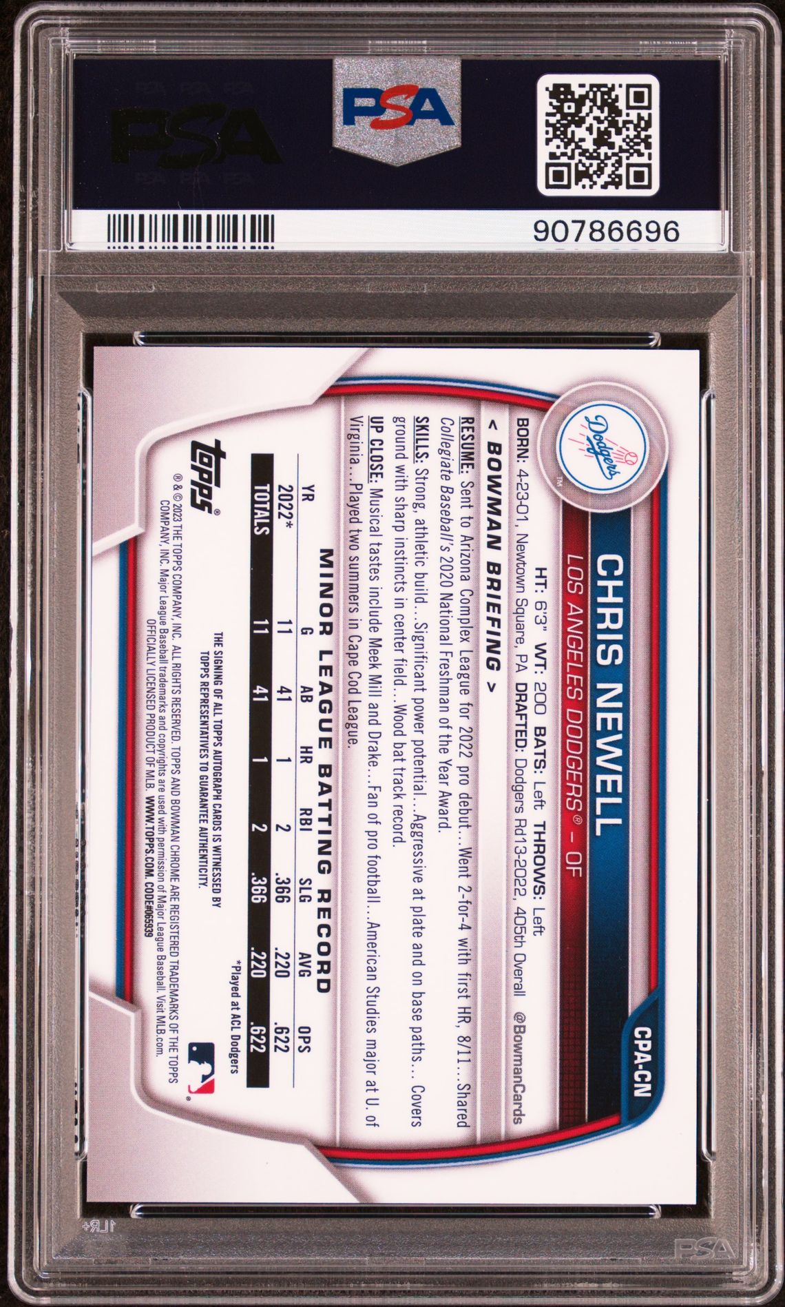 2023 Bowman Chrome Prospect Autographs Chris Newell #Cpacn (Prospect Autograph) Gem Mt 10 back