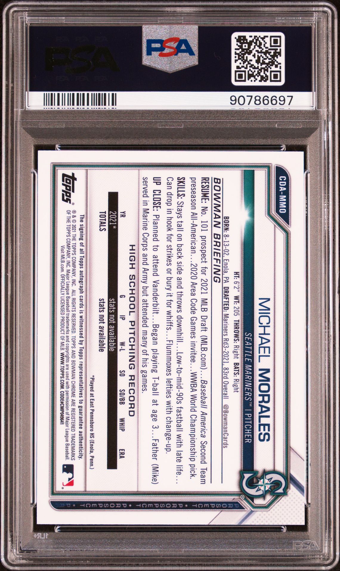 2021 Bowman Draft Chrome Draft Pick Autographs Michael Morales #Cdammo (Chrome Draft Pick Auto.) Mint 9 back