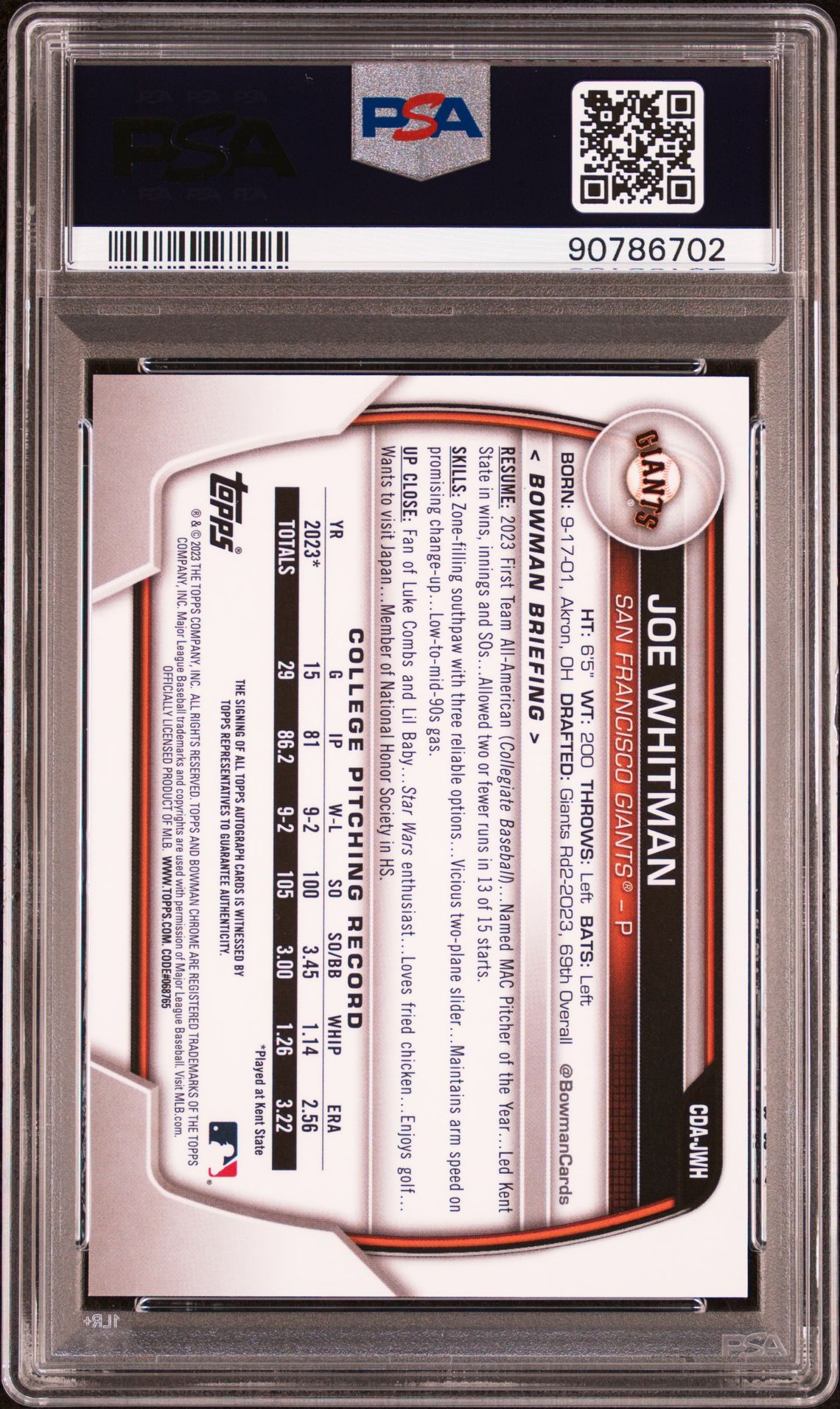 2023 Bowman Draft Chrome Prospect Autograph Joe Whitman #Cdajwh Gem Mt 10 back