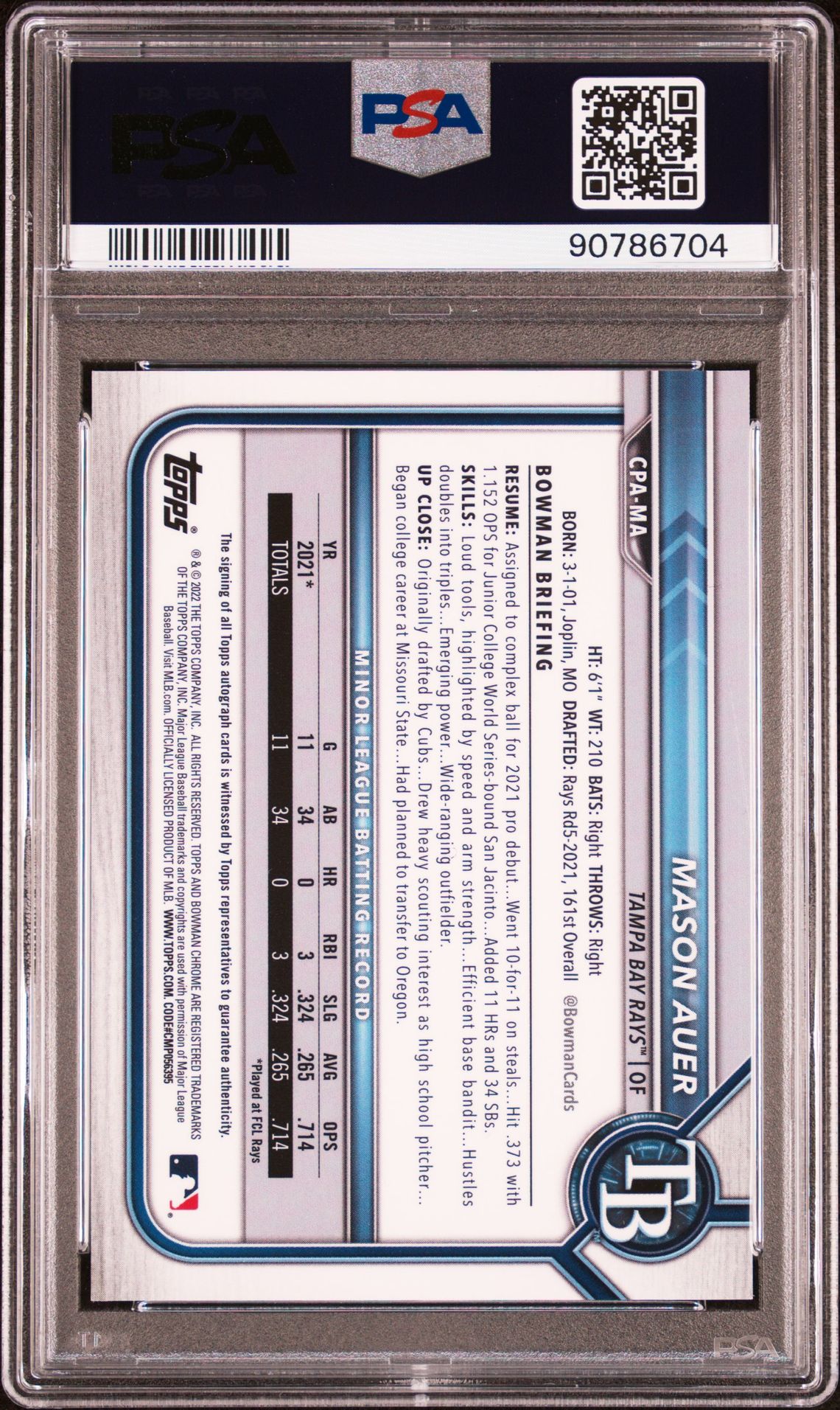 2022 Bowman Chrome Prospect Autographs Mason Auer #Cpama (Prospect Autograph) Mint 9 back