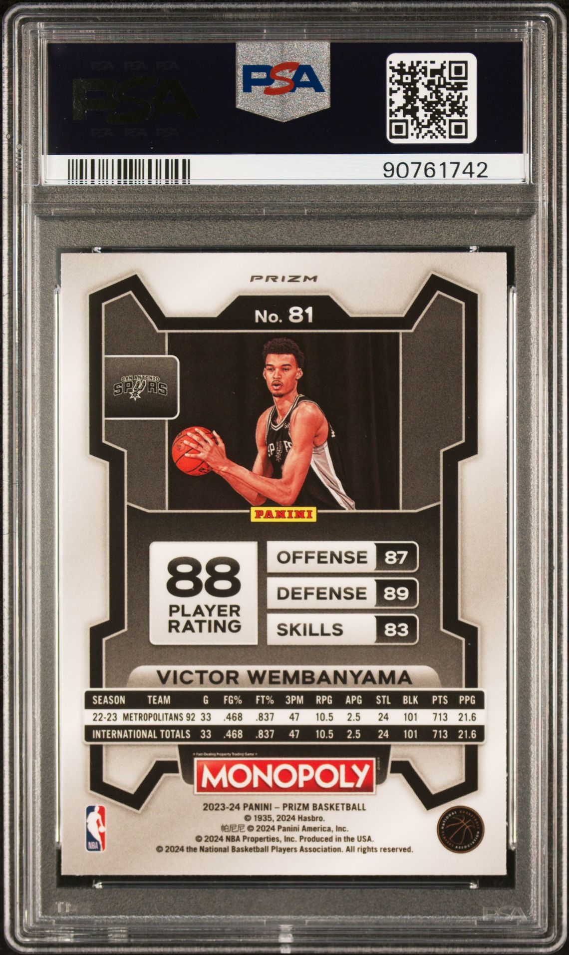 2023 Panini Prizm Monopoly Victor Wembanyama #81 (Silver) Gem Mt 10 back