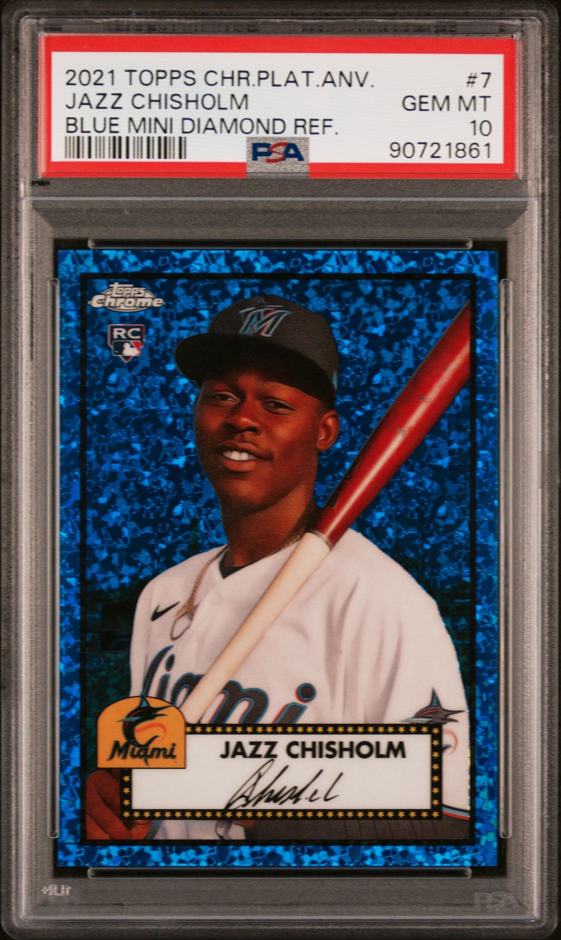 2021 Topps Chrome TOPPS CHROME PLATINUM ANNIVERSARY BLUE MINI DIAMOND REF. #7 Jazz Chisholm front