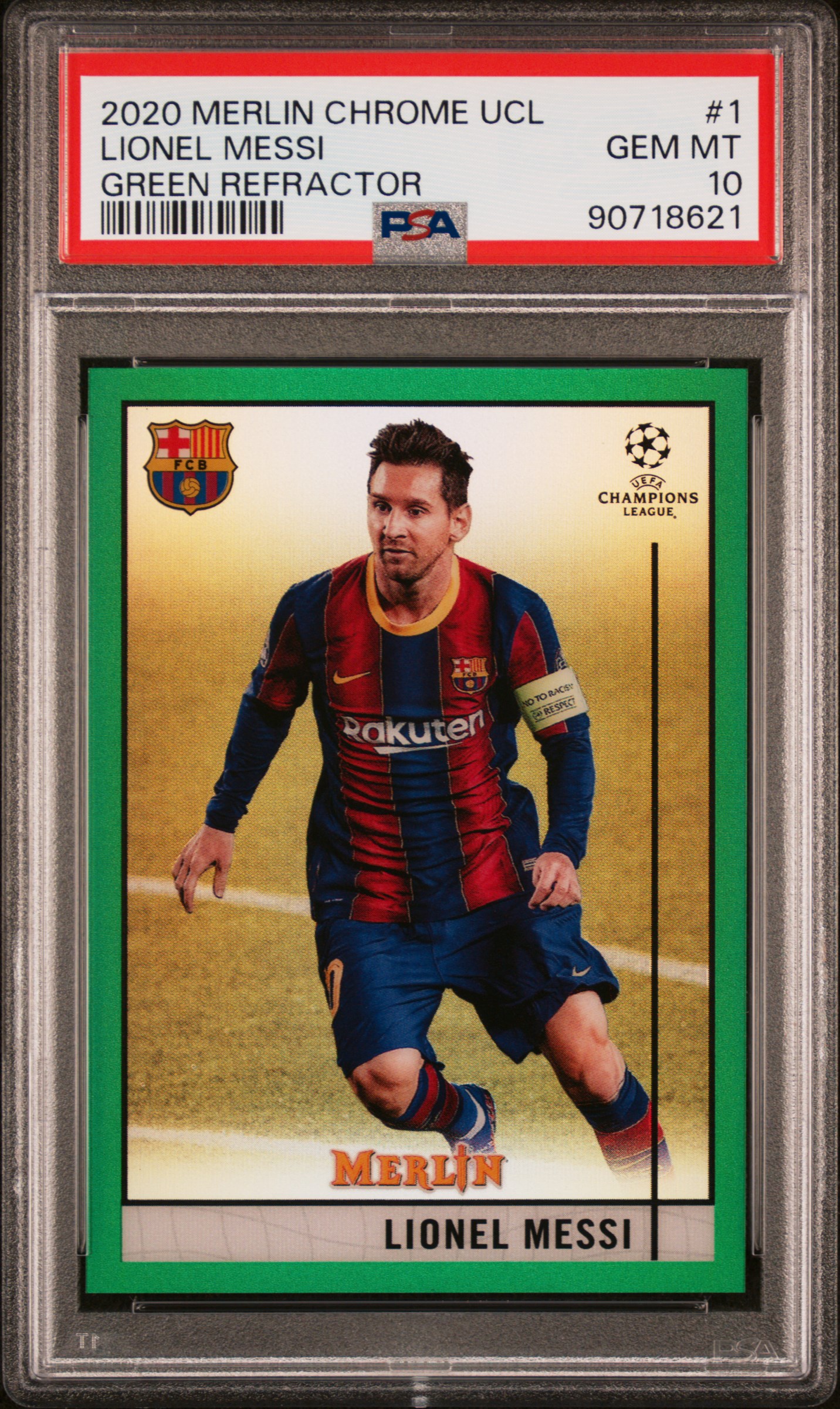 2020-21 Topps Merlin Chrome UEFA Champions League Green Refractor #1 Lionel Messi (#04/99) – PSA GEM MT 10