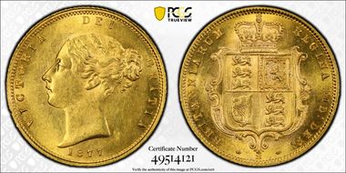 1877-M 1/2 Sov S-3863 Wide Ribbon MS61