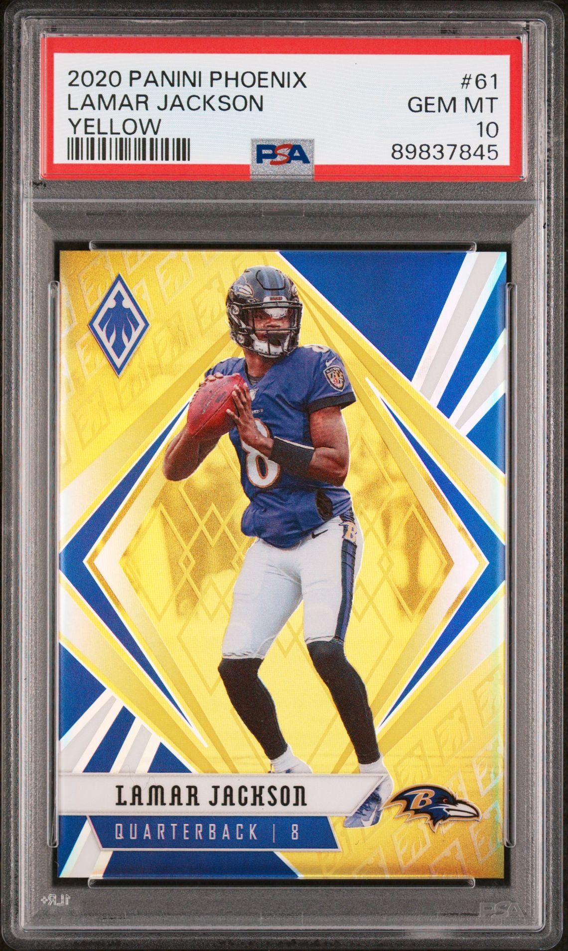 2020 Panini Phoenix Lamar Jackson #61 (Yellow) Gem Mt 10 front view - PSA graded GEM MT 10