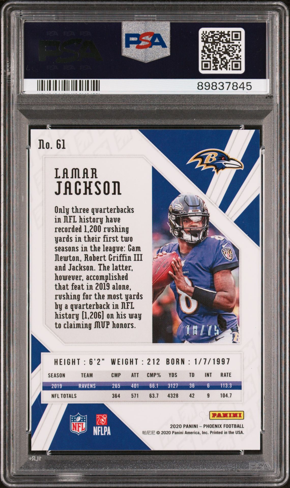 2020 Panini Phoenix Lamar Jackson #61 (Yellow) Gem Mt 10 back view - PSA certificate #89837845