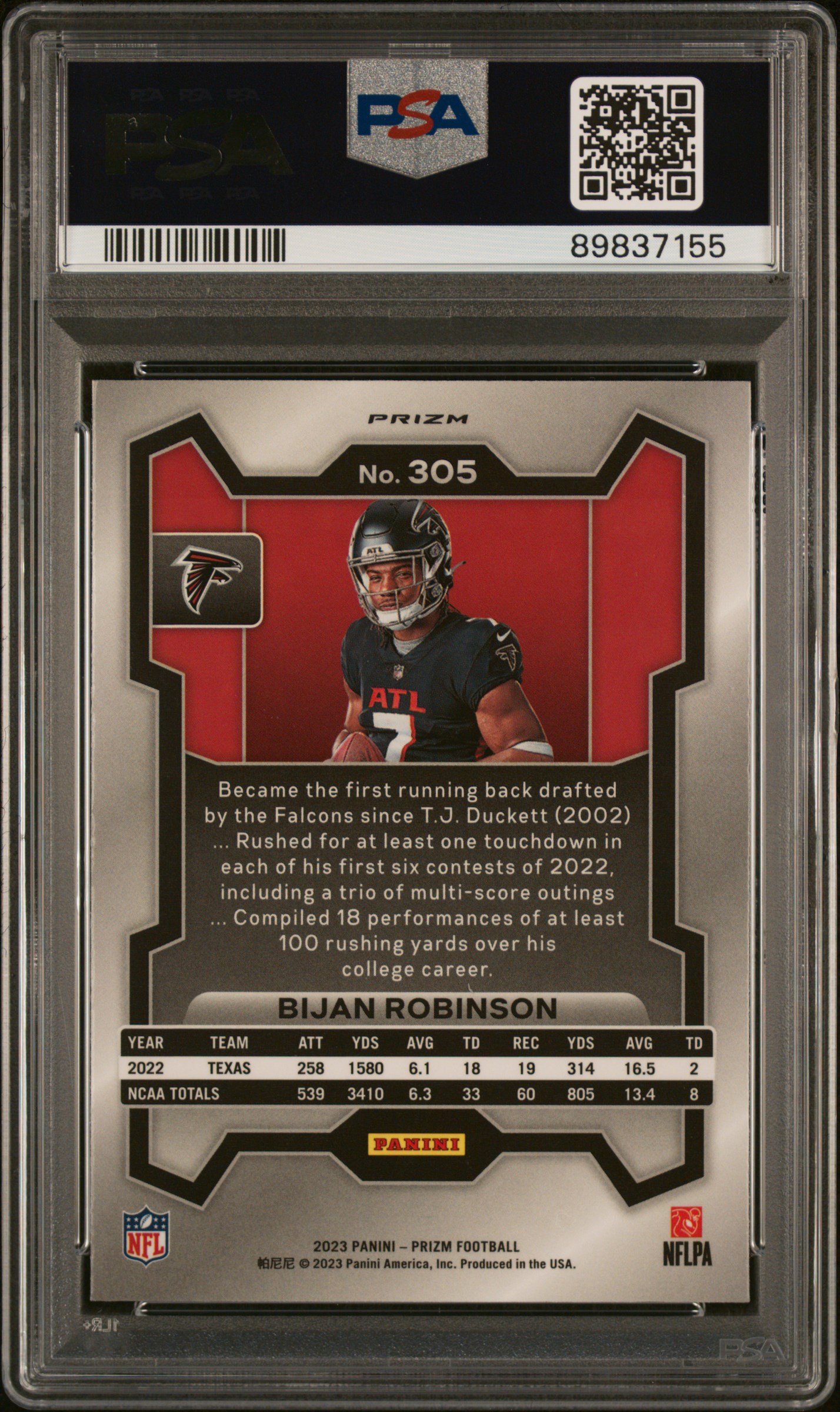 2023 Panini Prizm Bijan Robinson #305 (Variation-No Huddle) Mint 9 back