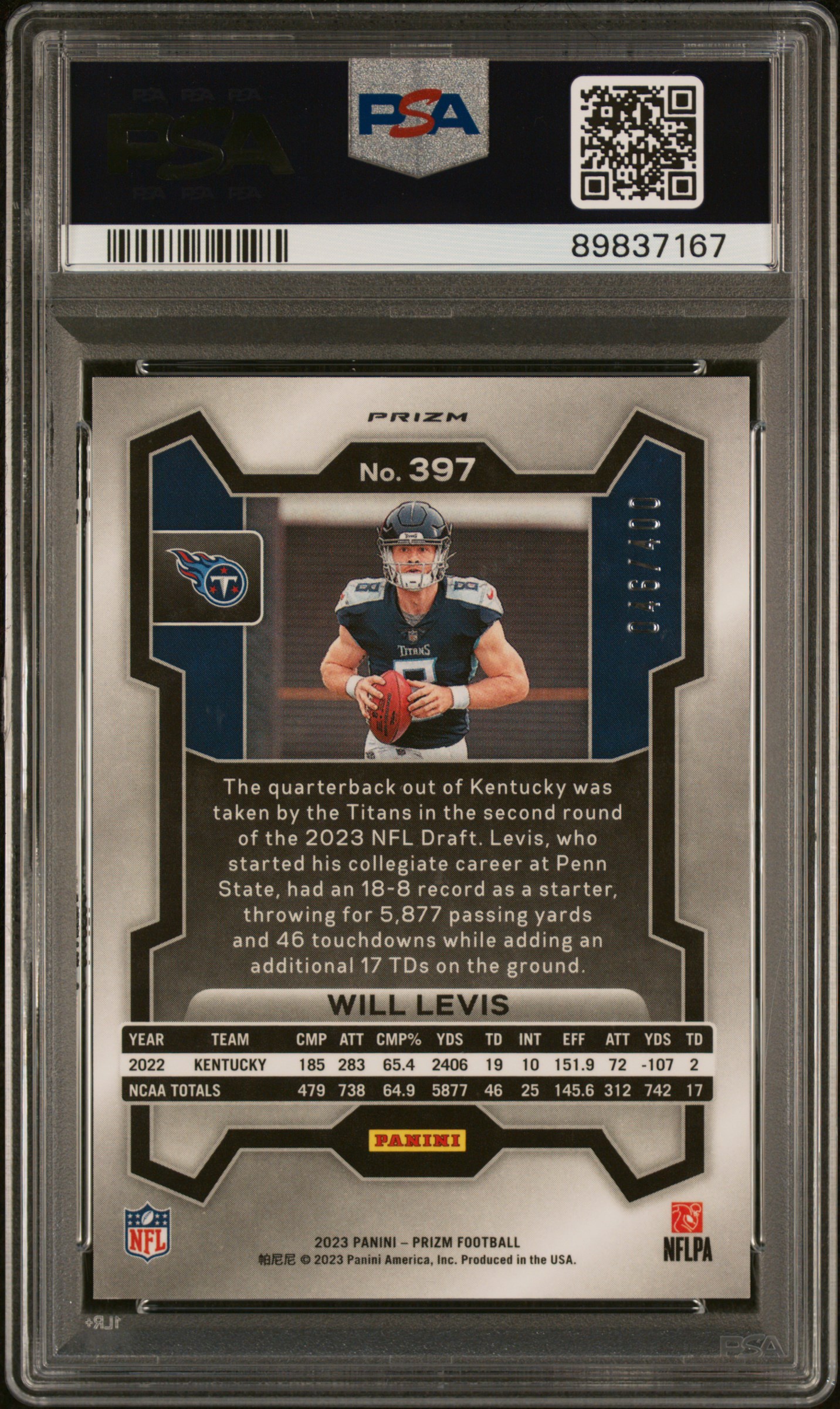 2023 Panini Prizm Will Levis #397 (Pandora) Gem Mt 10 back