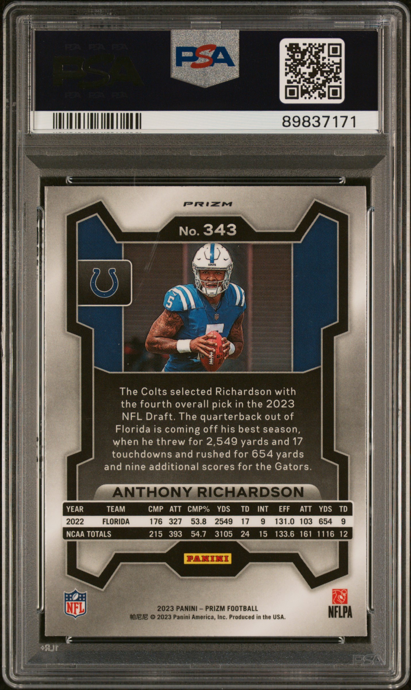 2023 Panini Prizm Anthony Richardson #343 (Red Sparkle) Mint 9 back