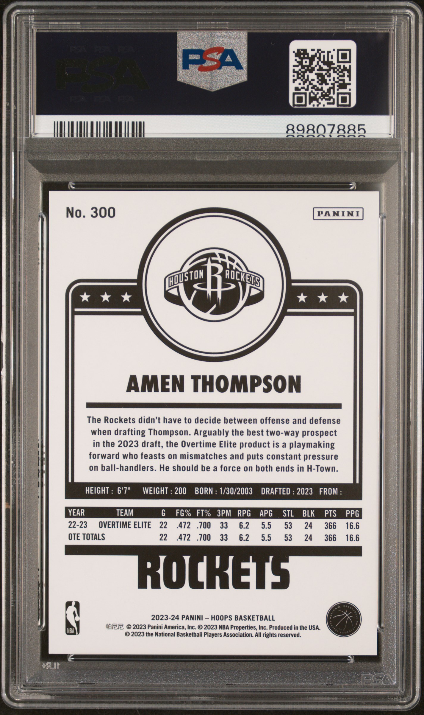 2023 Panini Nba Hoops Amen Thompson #300 (Hyper Gold) Mint 9 back