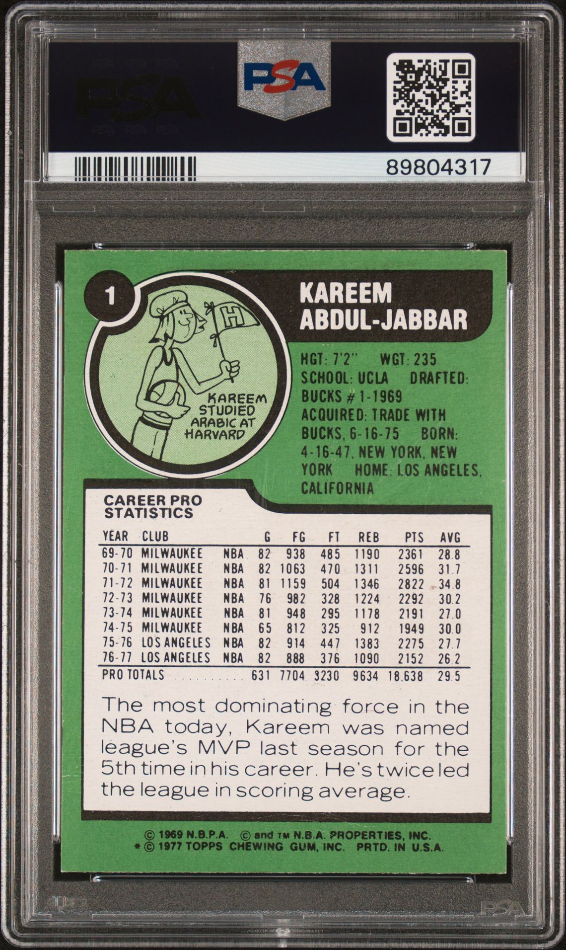 1977 Topps Kareem Abdul-Jabbar #1 Vg 3 back